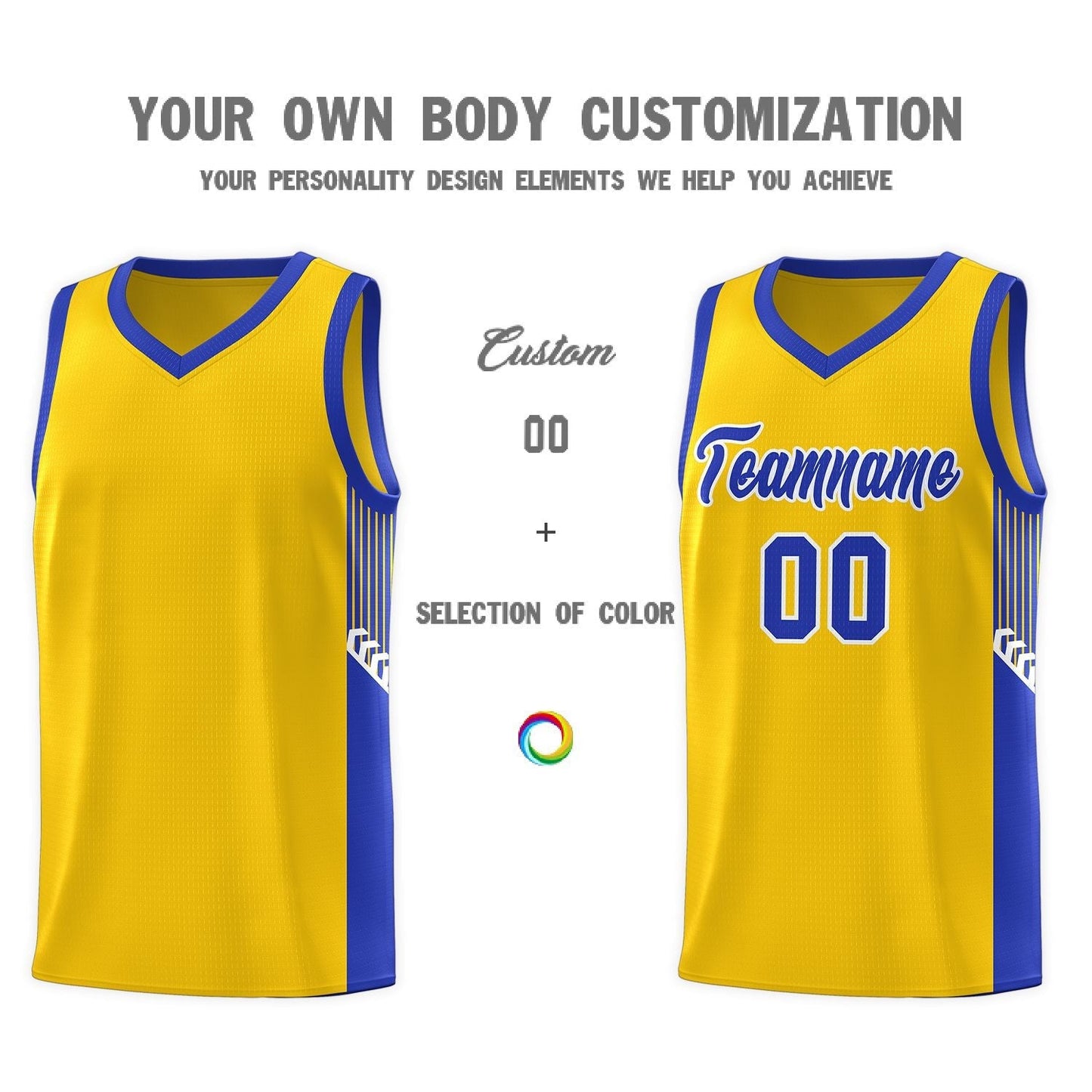 Custom Gold Royal-White Side Stripe Fashion Sports Uniform Basketball Jersey