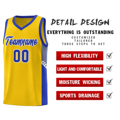 Custom Gold Royal-White Side Stripe Fashion Sports Uniform Basketball Jersey