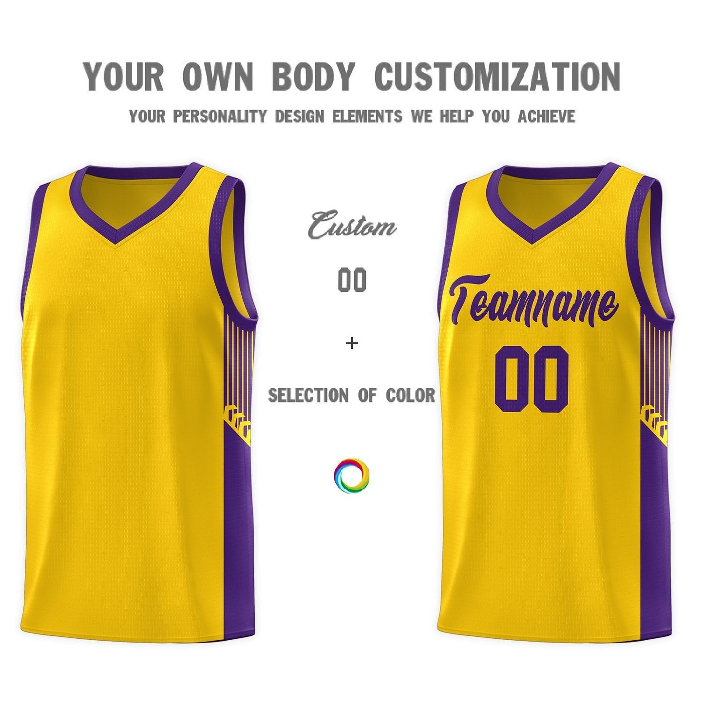 Custom Gold Purple Side Stripe Fashion Sports Uniform Basketball Jersey