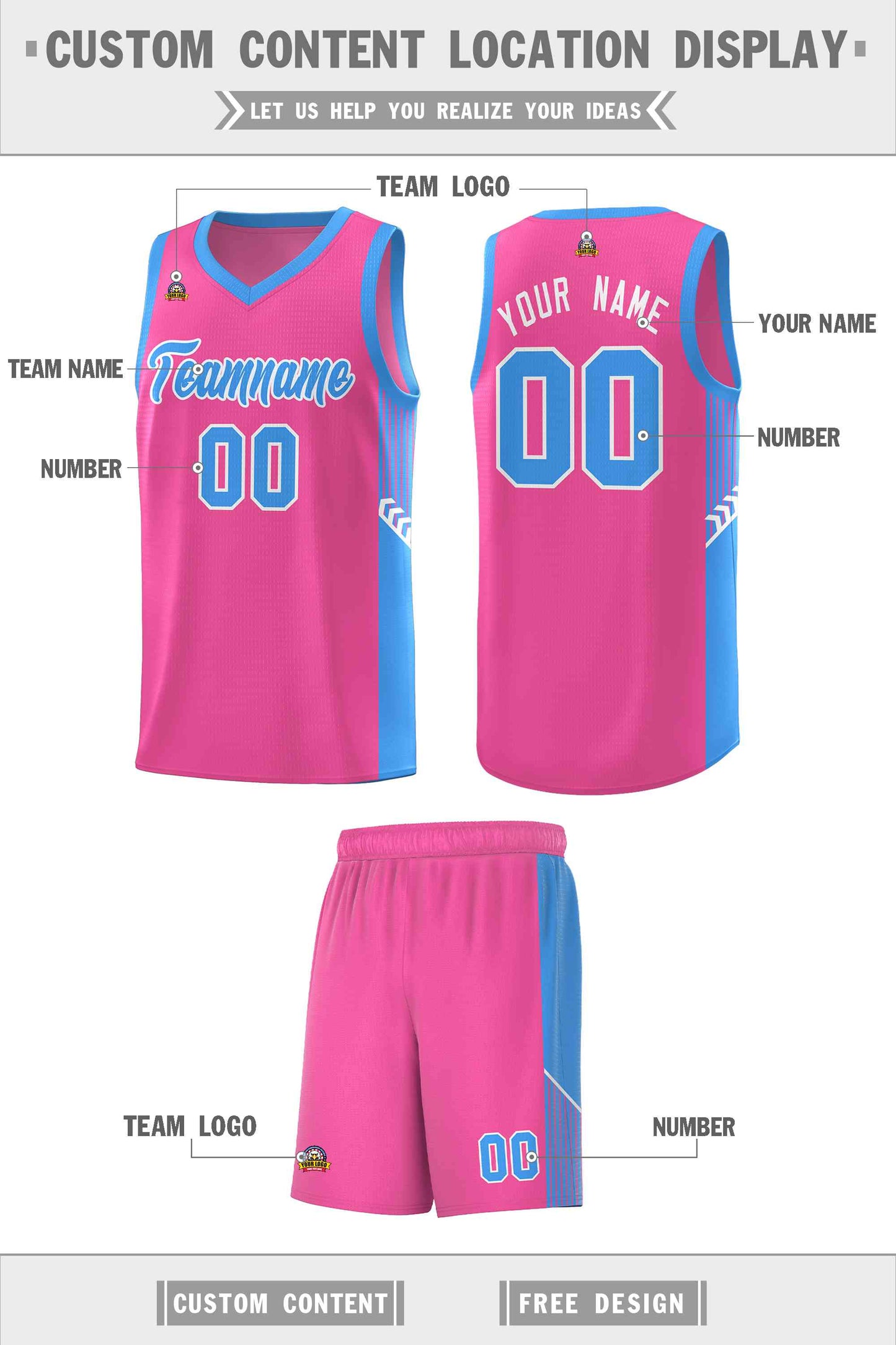 Custom Pink Powder Blue-White Side Stripe Fashion Sports Uniform Basketball Jersey