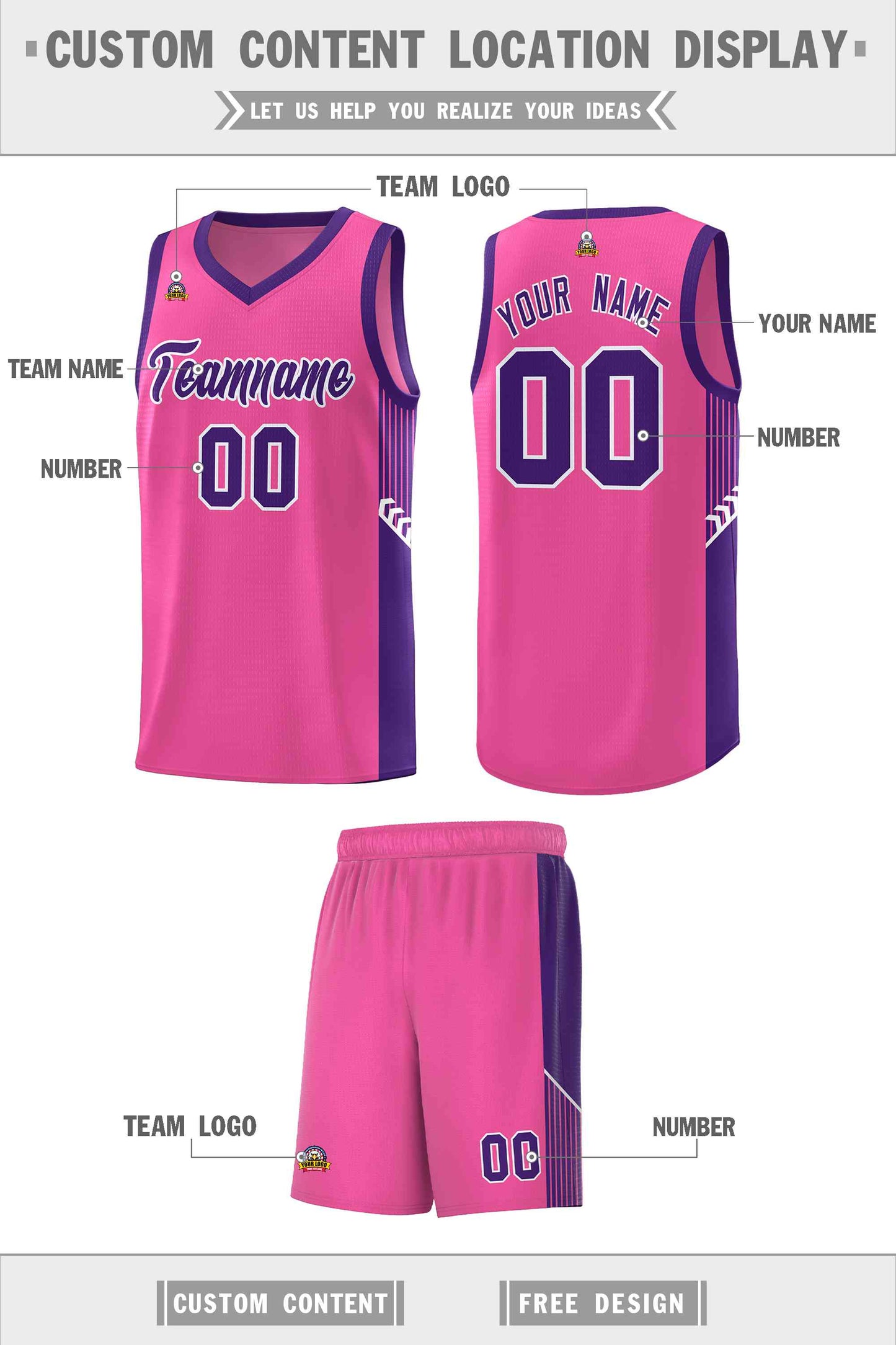 Custom Pink Purple-White Side Stripe Fashion Sports Uniform Basketball Jersey