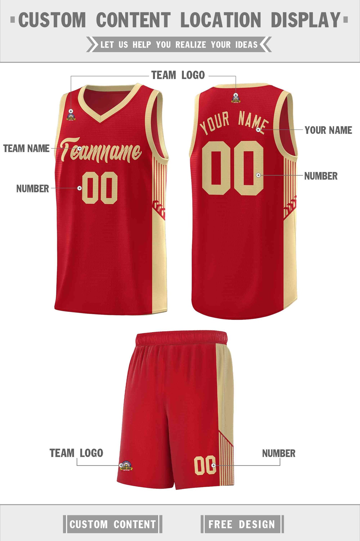 Custom Red Khaki Side Stripe Fashion Sports Uniform Basketball Jersey