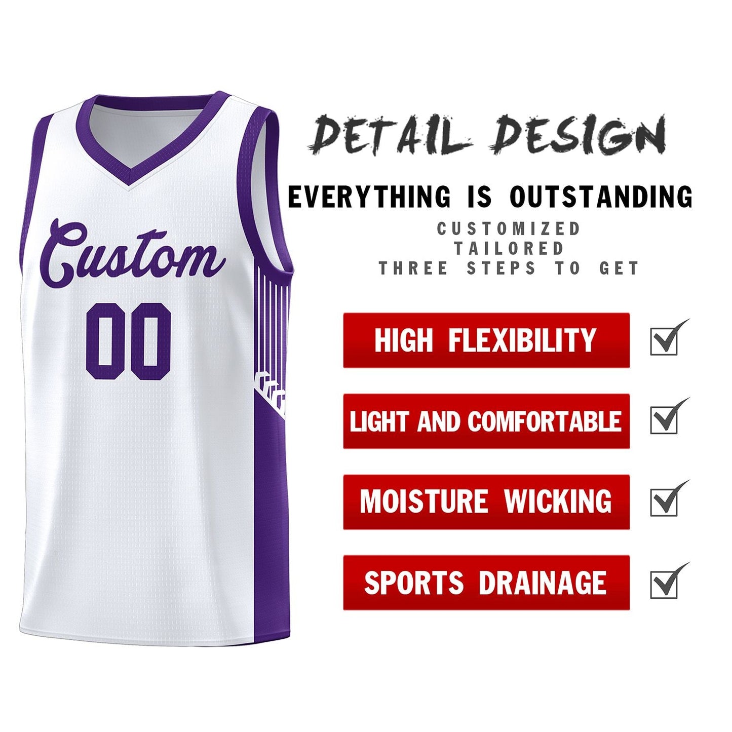 Custom White Purple Side Stripe Fashion Sports Uniform Basketball Jersey