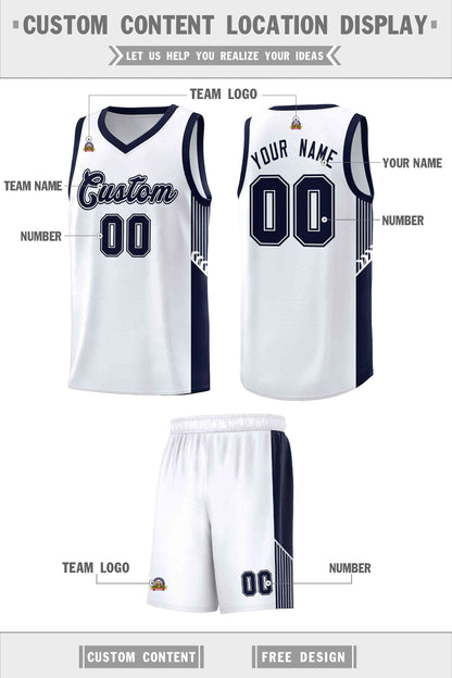 Custom White Navy Side Stripe Fashion Sports Uniform Basketball Jersey