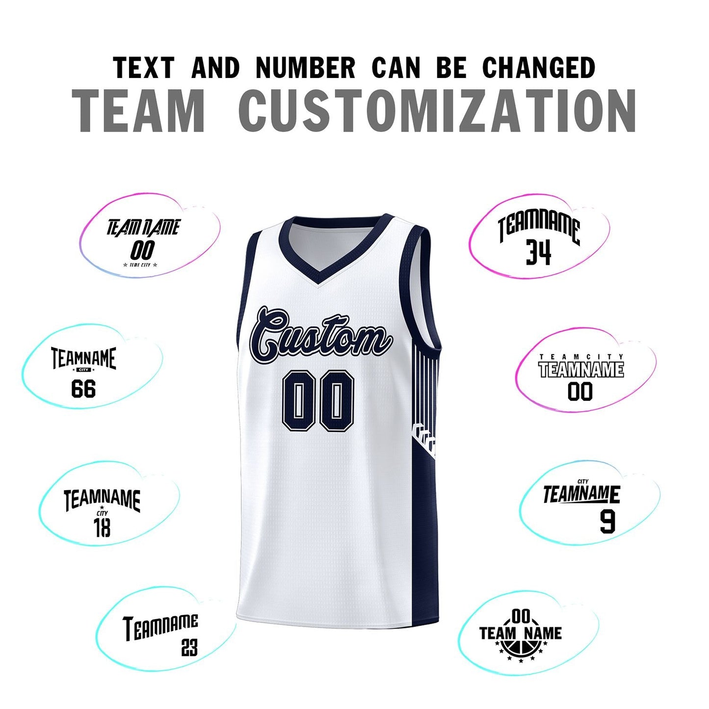 Custom White Navy Side Stripe Fashion Sports Uniform Basketball Jersey