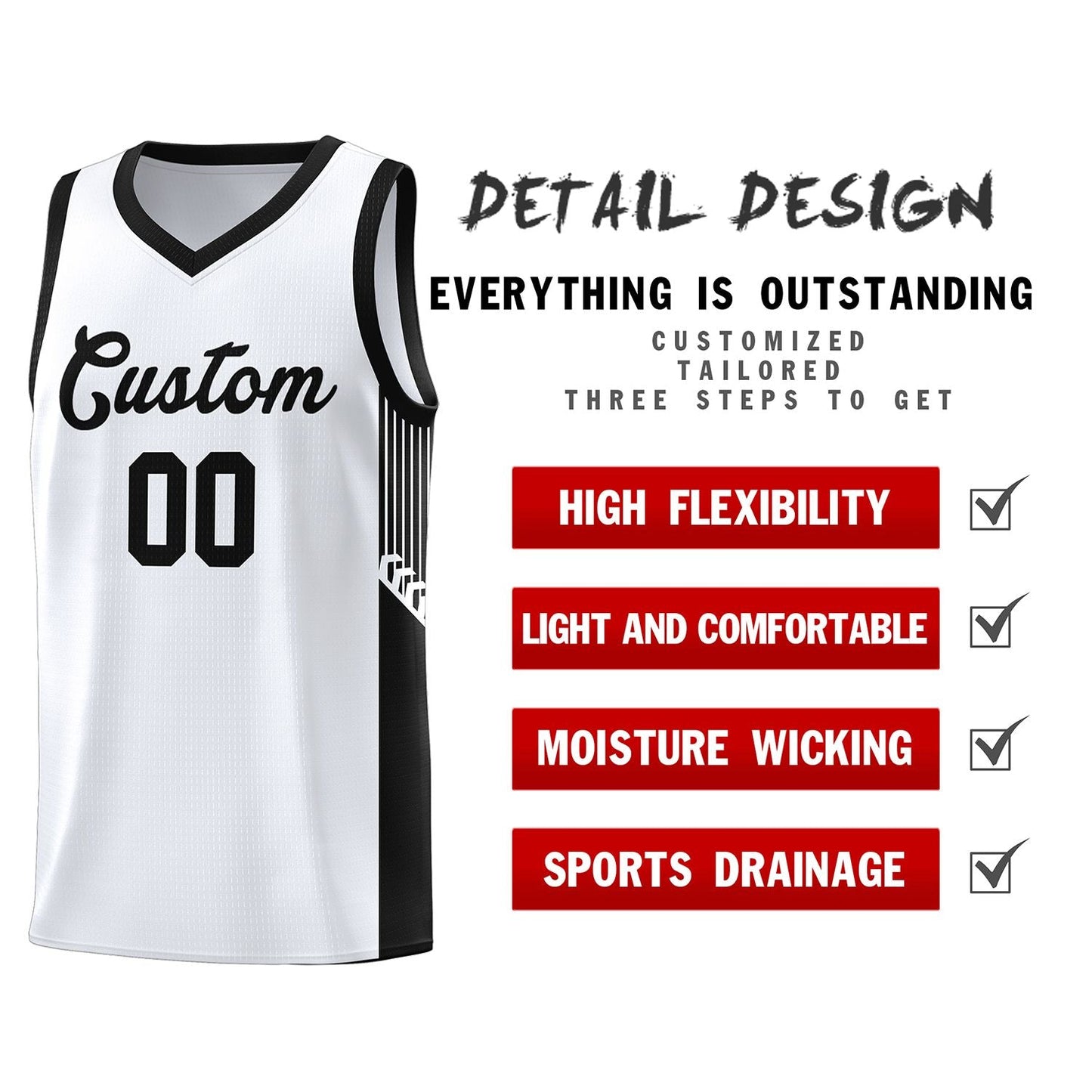 Custom White Black Side Stripe Fashion Sports Uniform Basketball Jersey