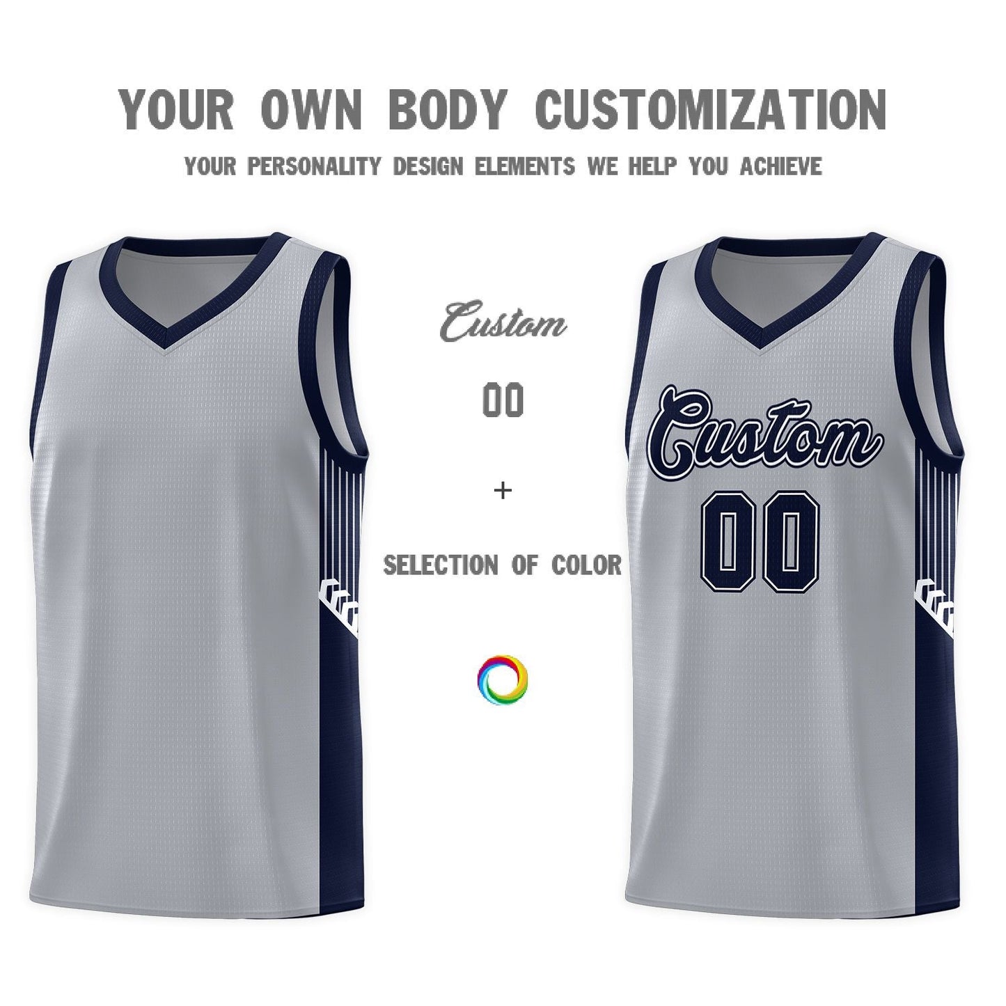 Custom Gray Navy-White Side Stripe Fashion Sports Uniform Basketball Jersey