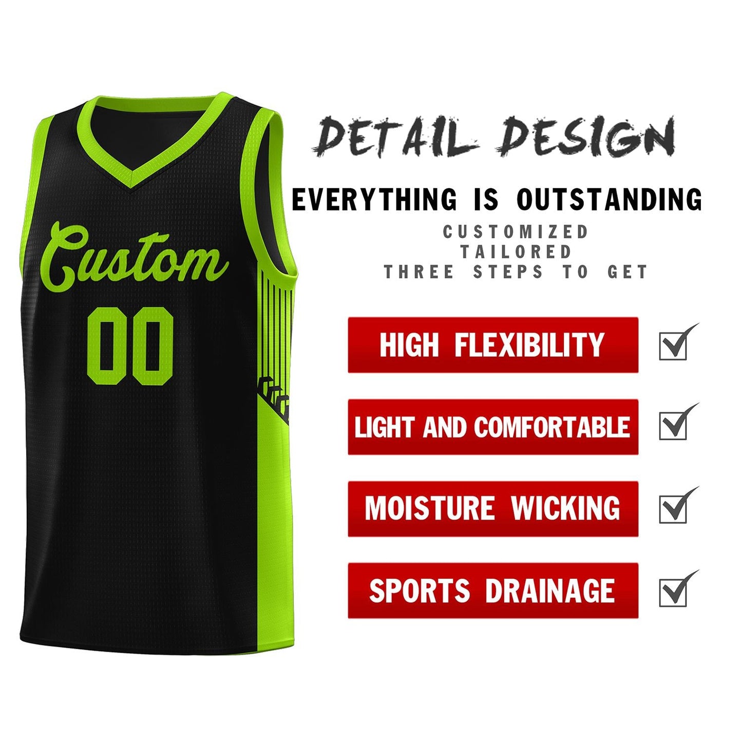 Custom Black Neon Side Stripe Fashion Sports Uniform Basketball Jersey