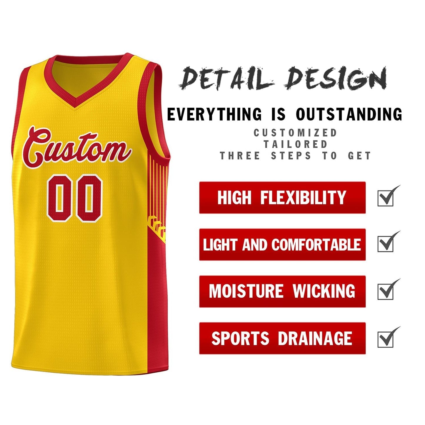 Custom Gold Red-White Side Stripe Fashion Sports Uniform Basketball Jersey