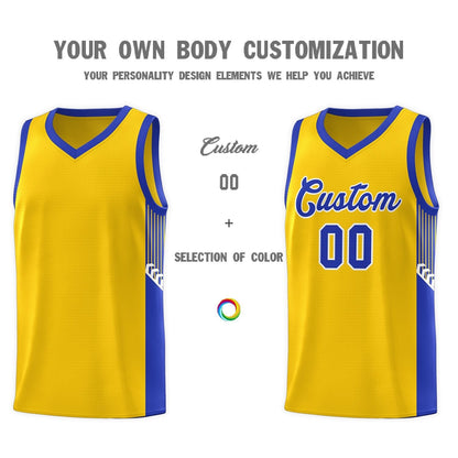 Custom Gold Royal-White Side Stripe Fashion Sports Uniform Basketball Jersey