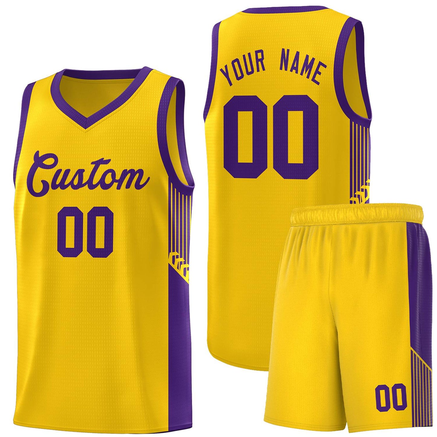 Custom Gold Purple Side Stripe Fashion Sports Uniform Basketball Jersey