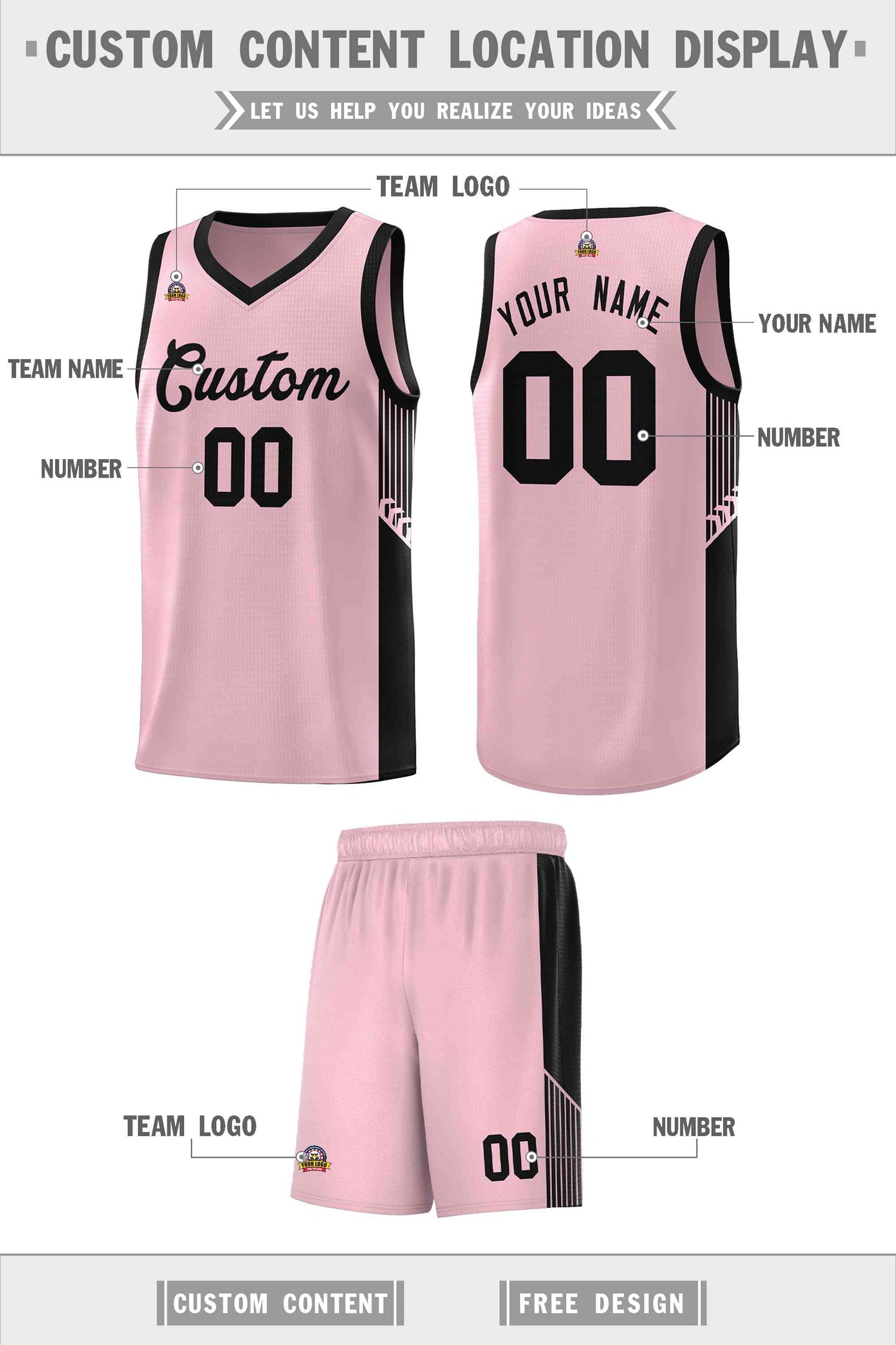 Custom Pink Black Side Stripe Fashion Sports Uniform Basketball Jersey