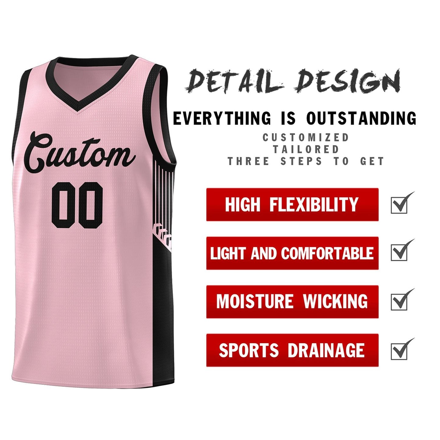 Custom Pink Black Side Stripe Fashion Sports Uniform Basketball Jersey