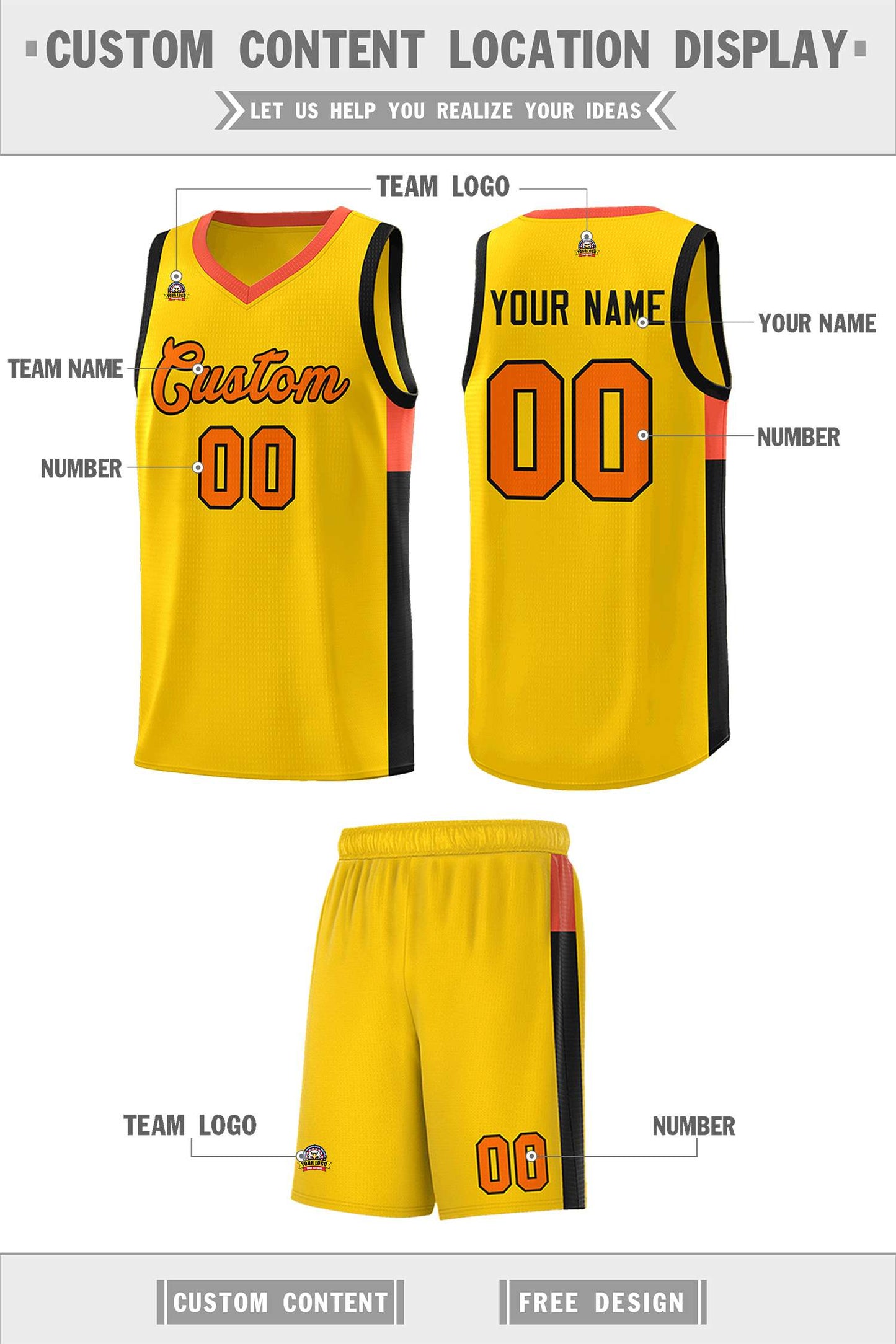 Custom Gold Orange-Black Side Two-Tone Classic Sports Uniform Basketball Jersey