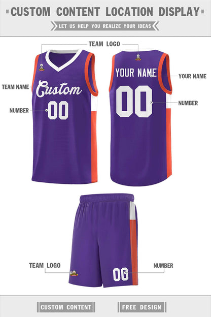 Custom Purple White-Orange Side Two-Tone Classic Sports Uniform Basketball Jersey