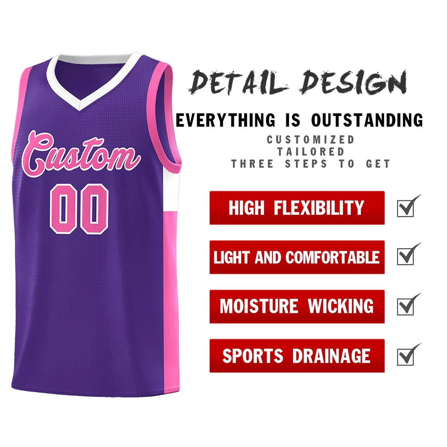 Custom Purple Pink-White Side Two-Tone Classic Sports Uniform Basketball Jersey