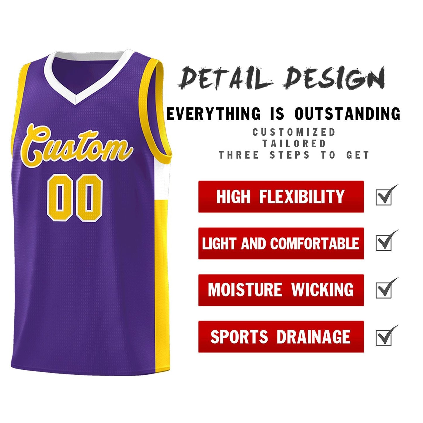 Custom Purple Gold-White Side Two-Tone Classic Sports Uniform Basketball Jersey