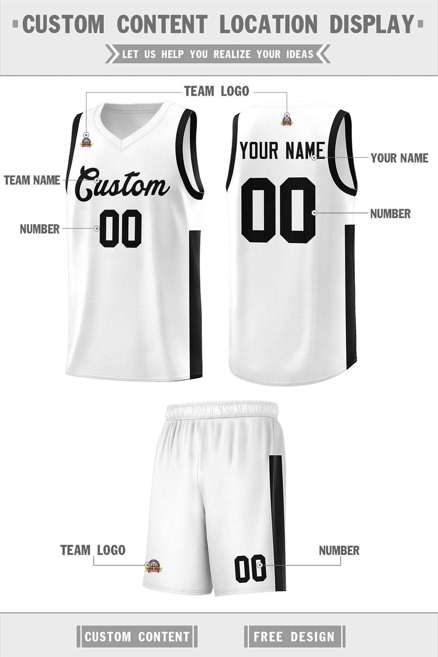 Custom White Black Side Two-Tone Classic Sports Uniform Basketball Jersey