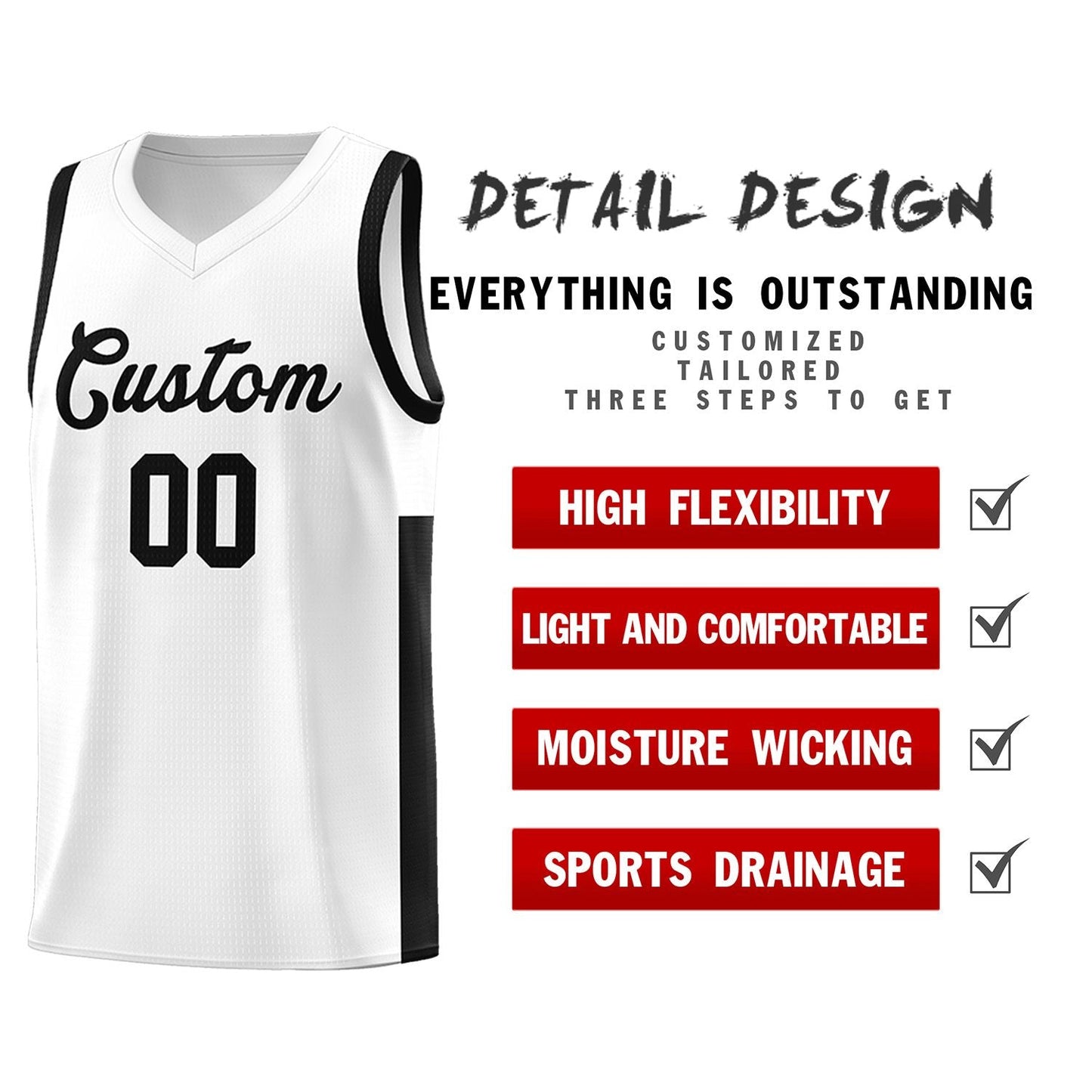 Custom White Black Side Two-Tone Classic Sports Uniform Basketball Jersey