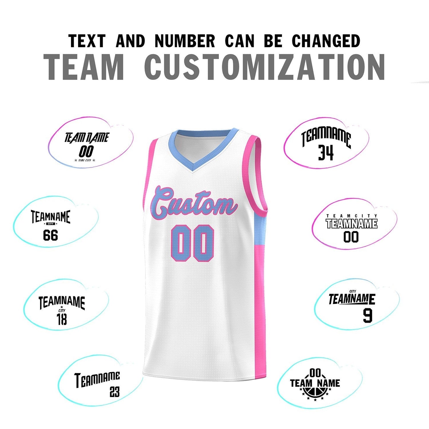 Custom White Light Blue-Pink Side Two-Tone Classic Sports Uniform Basketball Jersey