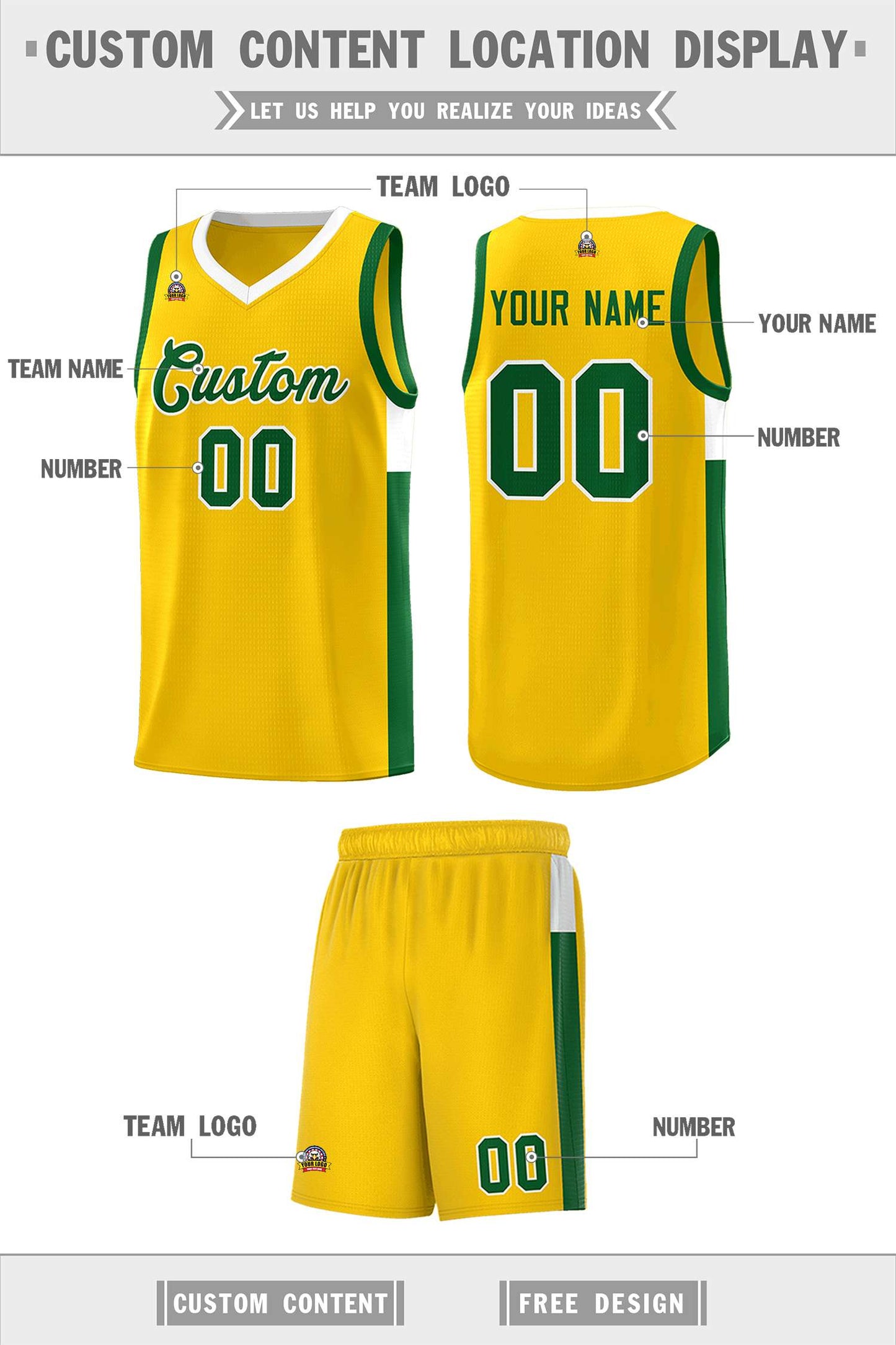 Custom Gold Green-White Side Two-Tone Classic Sports Uniform Basketball Jersey