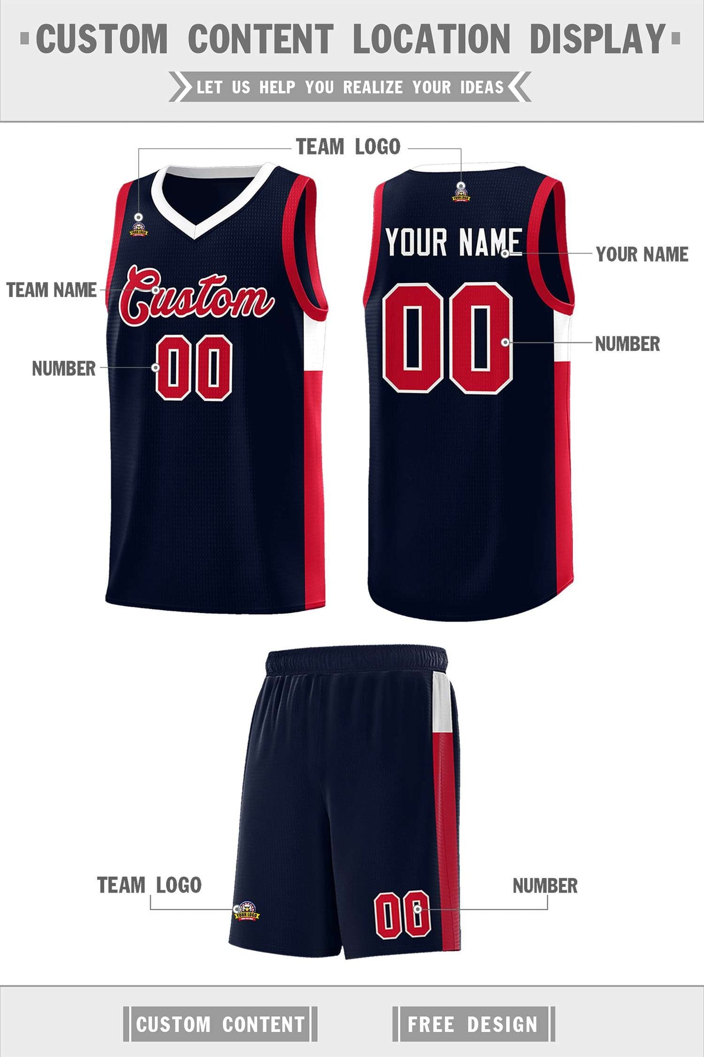 Custom Navy Red-White Side Two-Tone Classic Sports Uniform Basketball Jersey