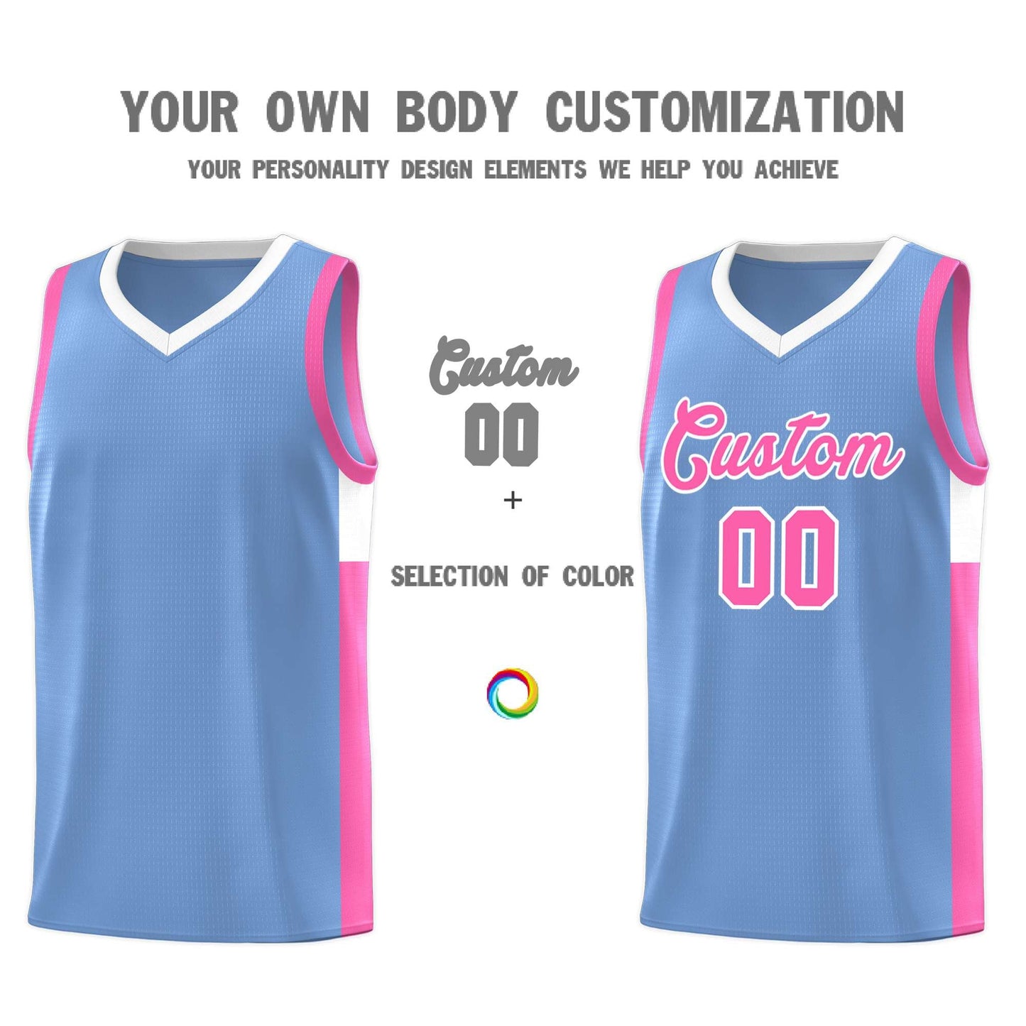 Custom Lt Blue Pink-White Side Two-Tone Classic Sports Uniform Basketball Jersey