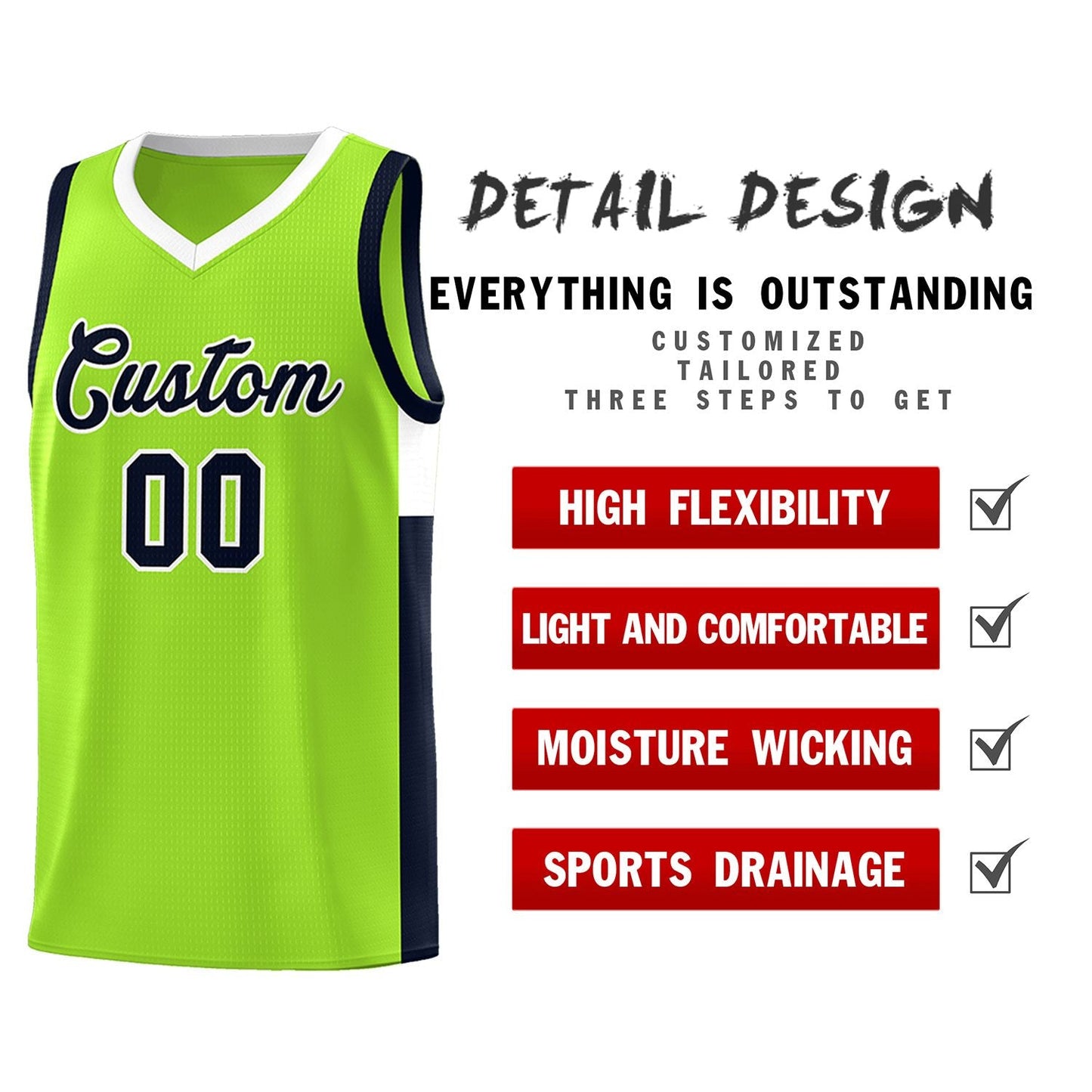 Custom Neon Green Navy-White Side Two-Tone Classic Sports Uniform Basketball Jersey