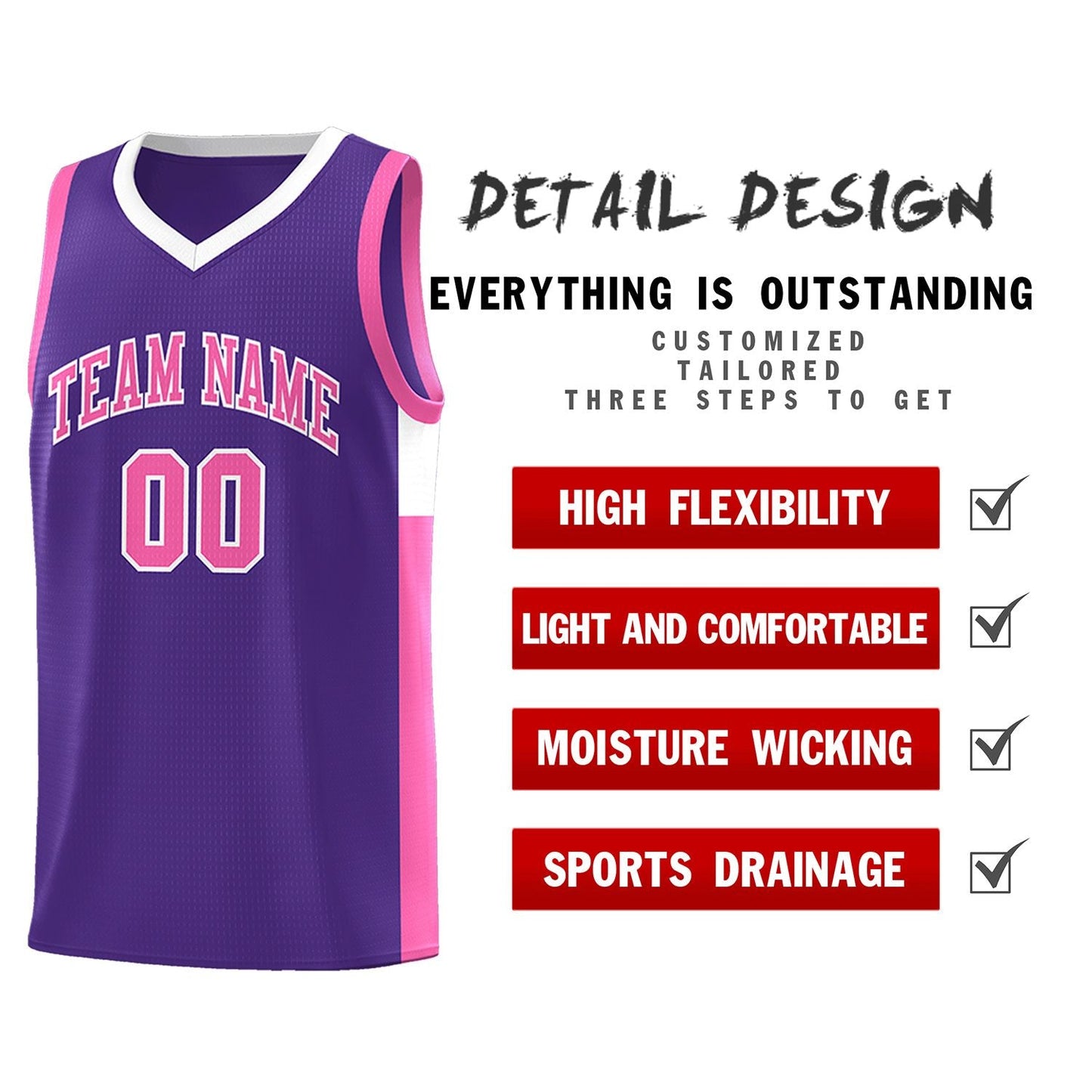 Custom Purple Pink-White Side Two-Tone Classic Sports Uniform Basketball Jersey