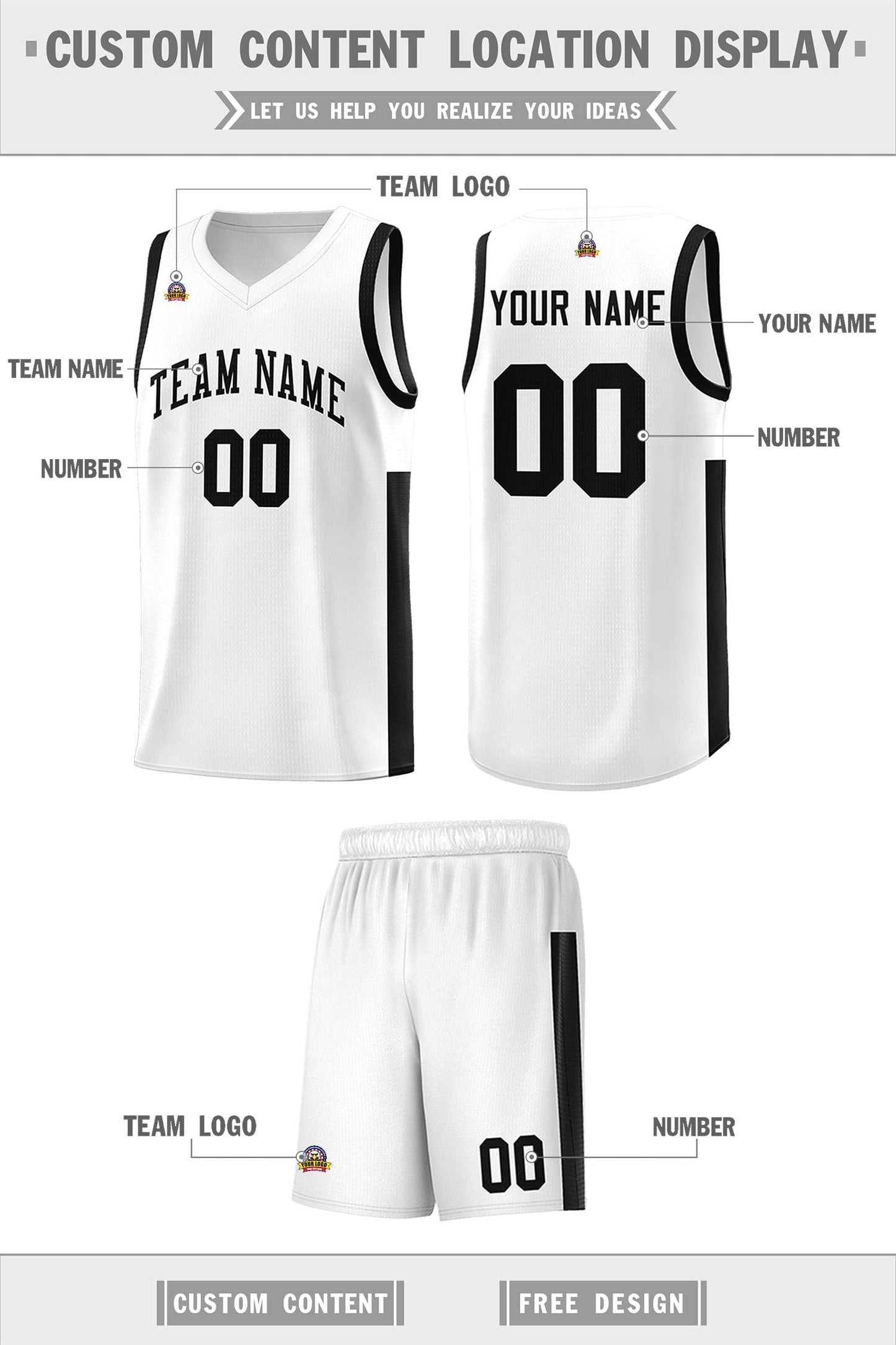 Custom White Black Side Two-Tone Classic Sports Uniform Basketball Jersey