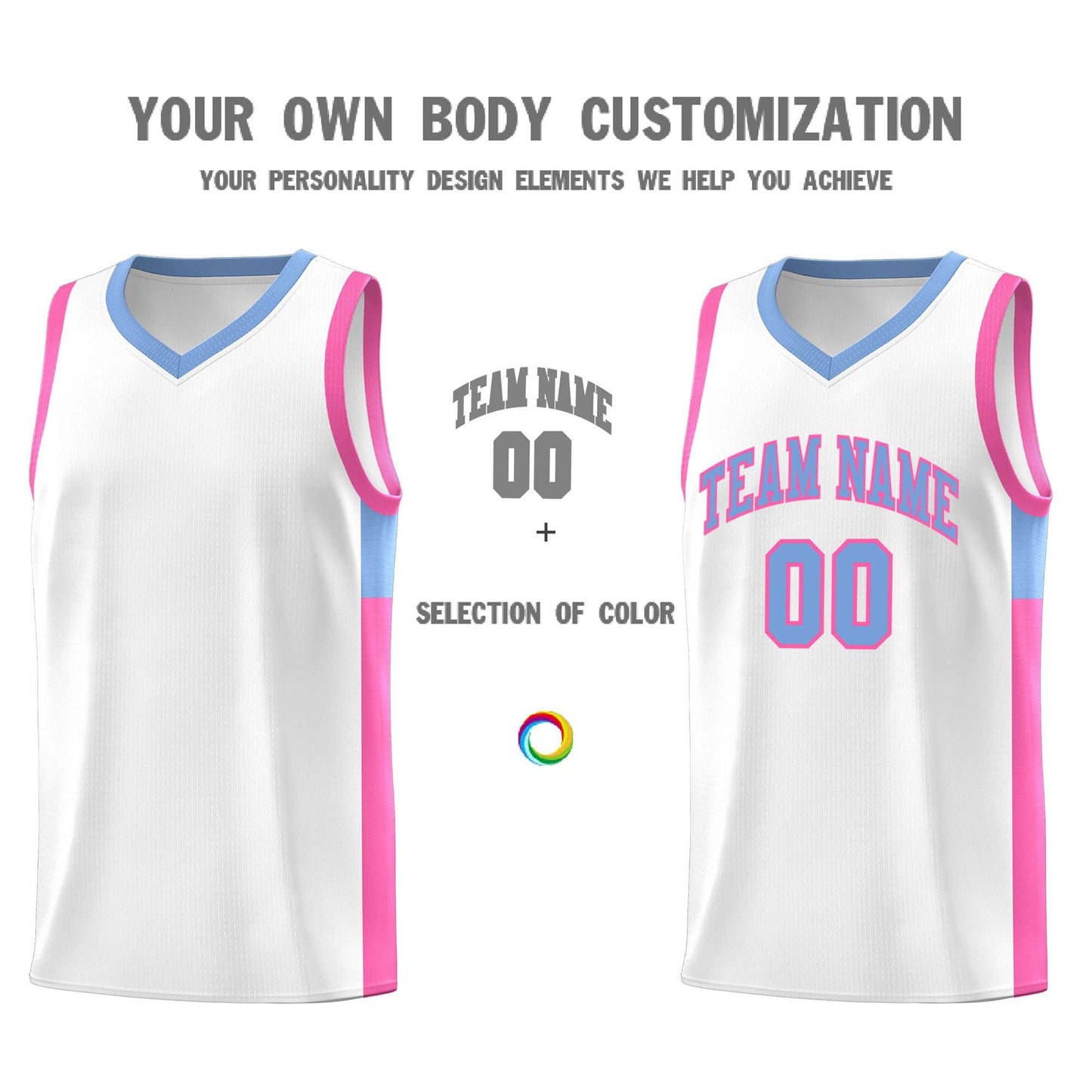 Custom White Light Blue-Pink Side Two-Tone Classic Sports Uniform Basketball Jersey