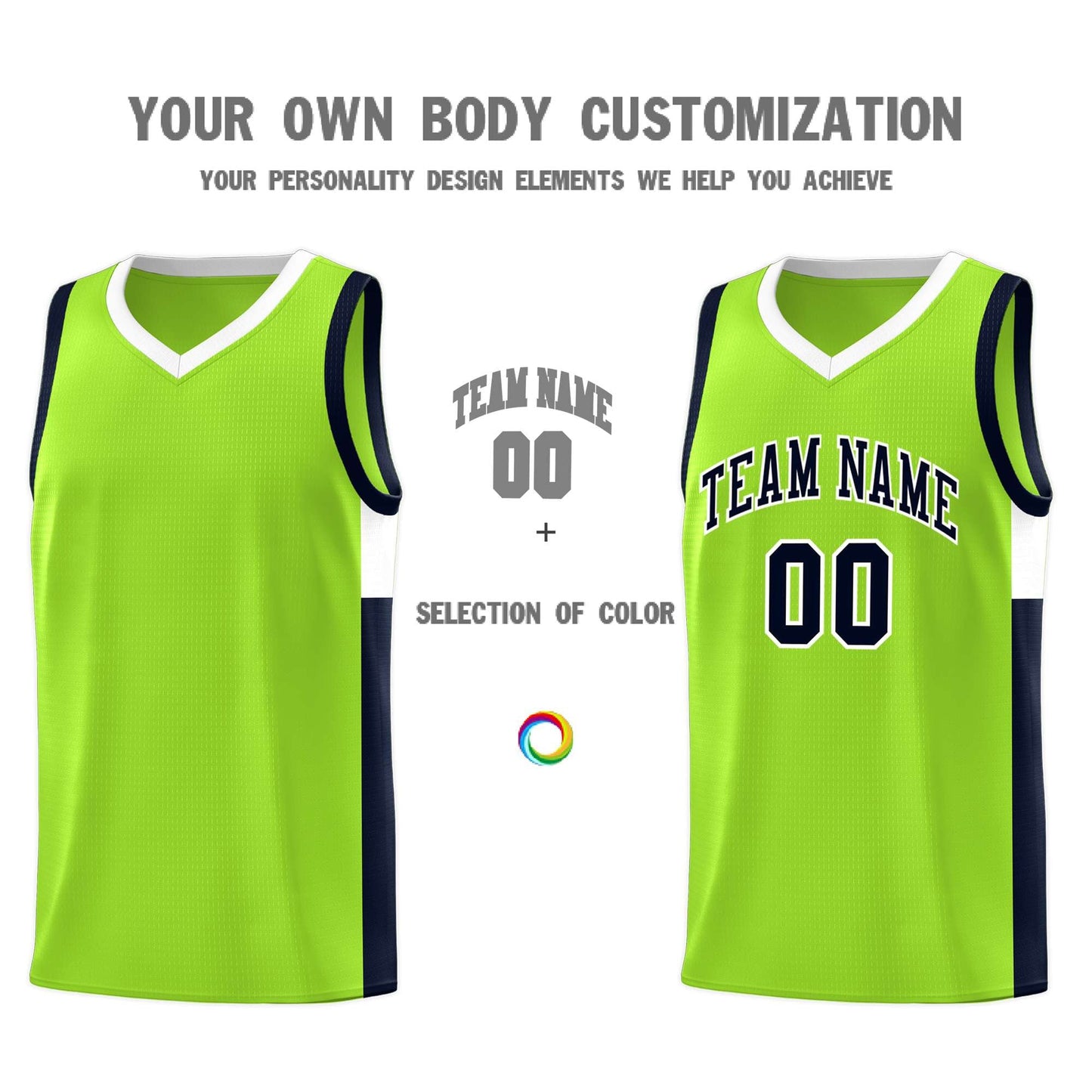 Custom Neon Green Navy-White Side Two-Tone Classic Sports Uniform Basketball Jersey