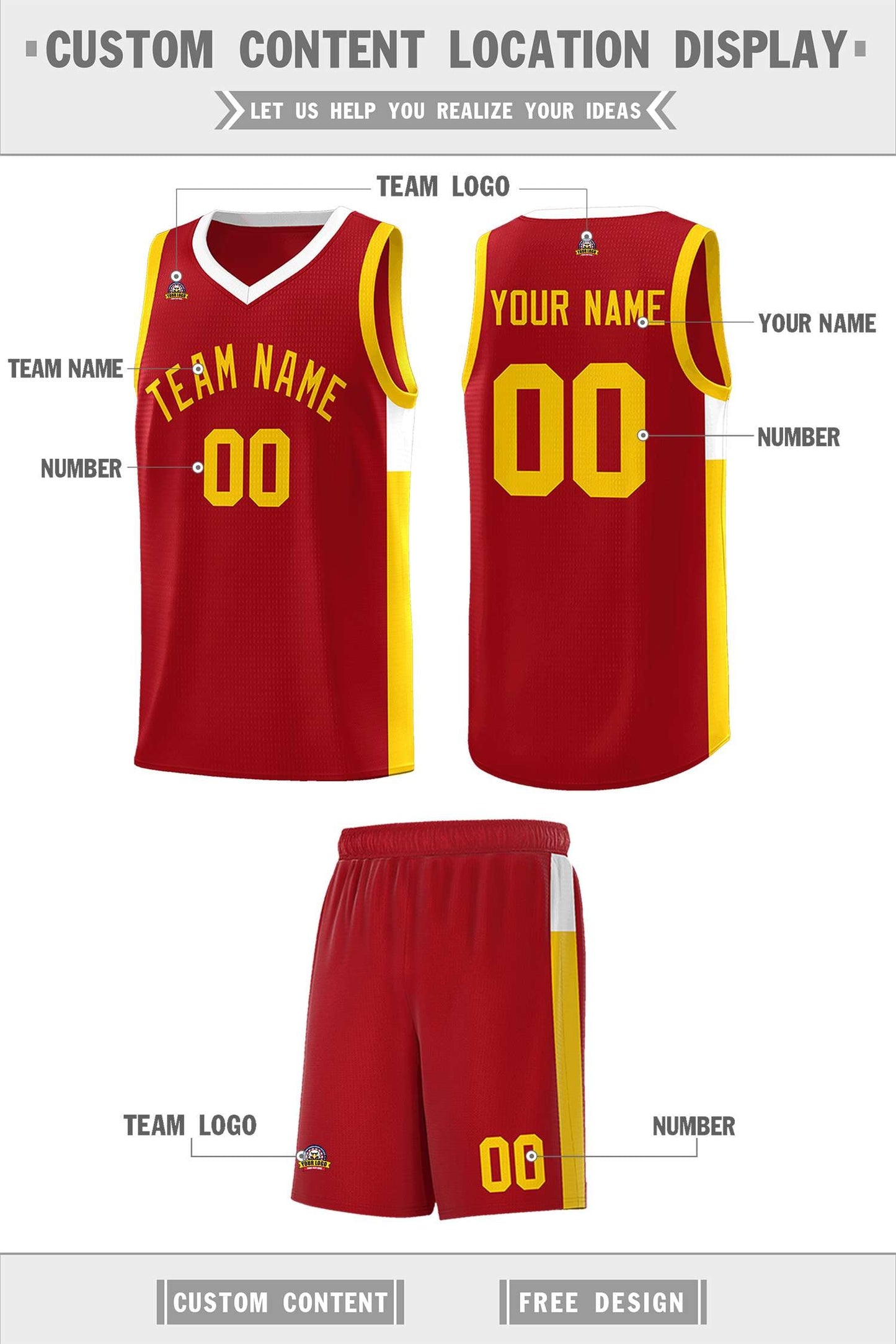 Custom Red Gold-White Side Two-Tone Classic Sports Uniform Basketball Jersey