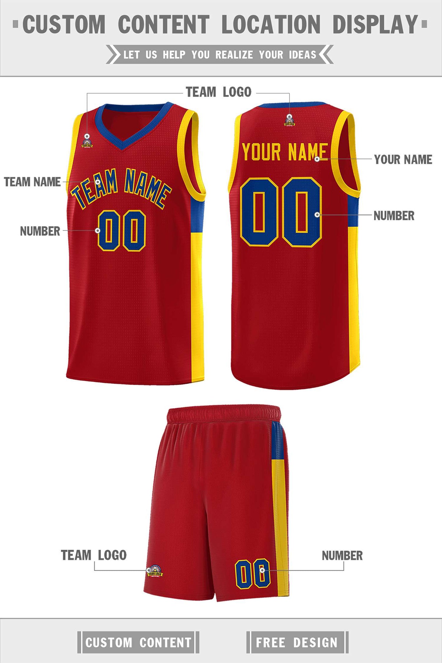 Custom Red Royal-Gold Side Two-Tone Classic Sports Uniform Basketball Jersey