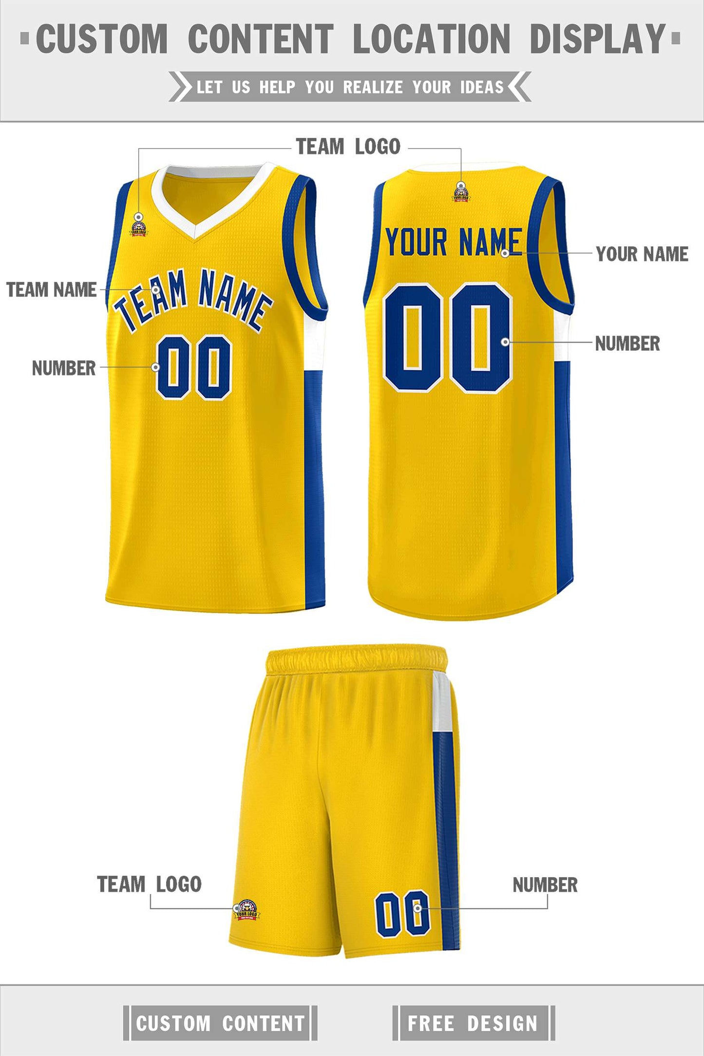 Custom Gold Royal-White Side Two-Tone Classic Sports Uniform Basketball Jersey