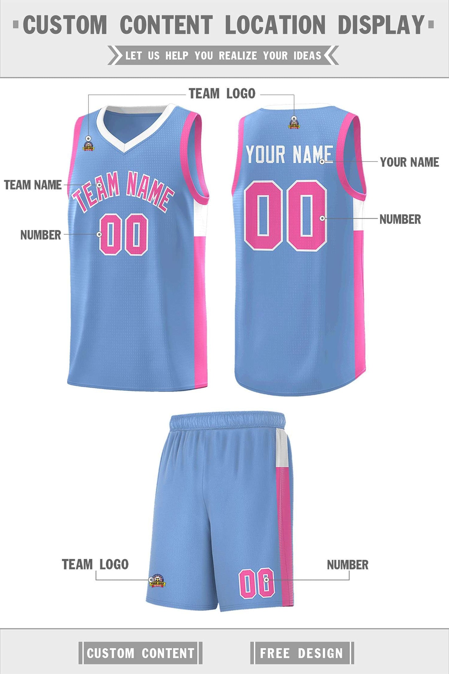 Custom Lt Blue Pink-White Side Two-Tone Classic Sports Uniform Basketball Jersey