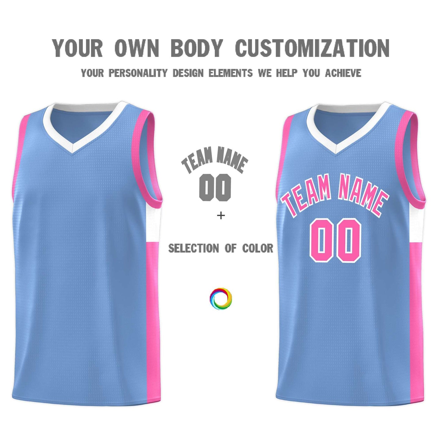 Custom Lt Blue Pink-White Side Two-Tone Classic Sports Uniform Basketball Jersey