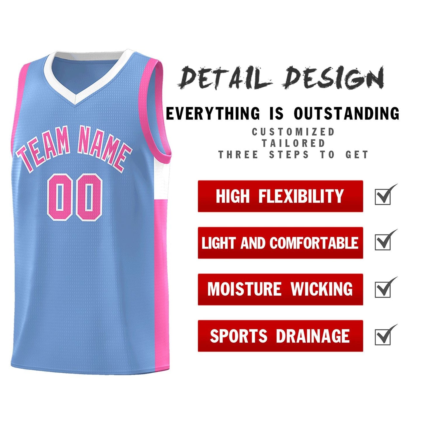 Custom Lt Blue Pink-White Side Two-Tone Classic Sports Uniform Basketball Jersey