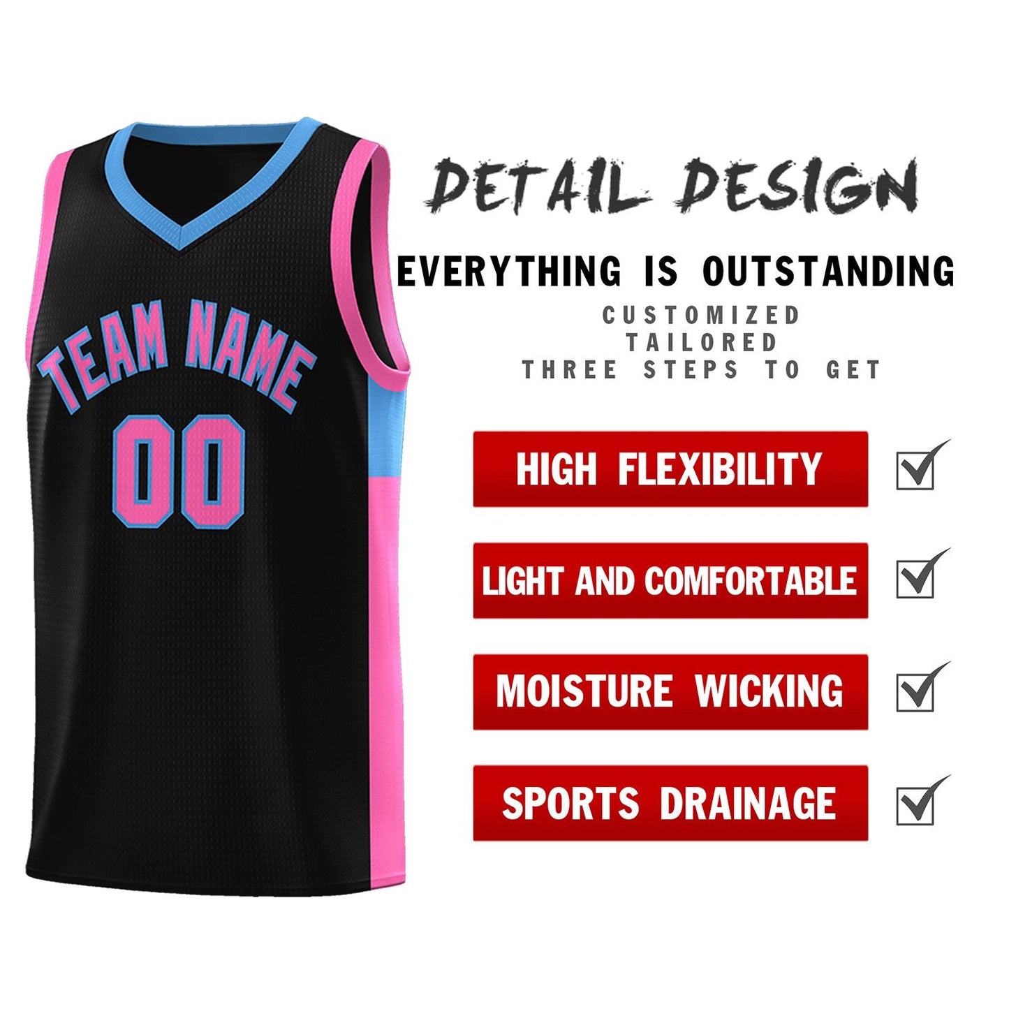 Custom Black Pink-Blue Side Two-Tone Classic Sports Uniform Basketball Jersey