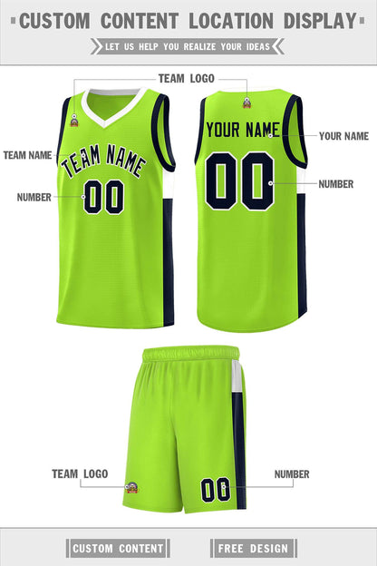 Custom Neon Green Navy-White Side Two-Tone Classic Sports Uniform Basketball Jersey