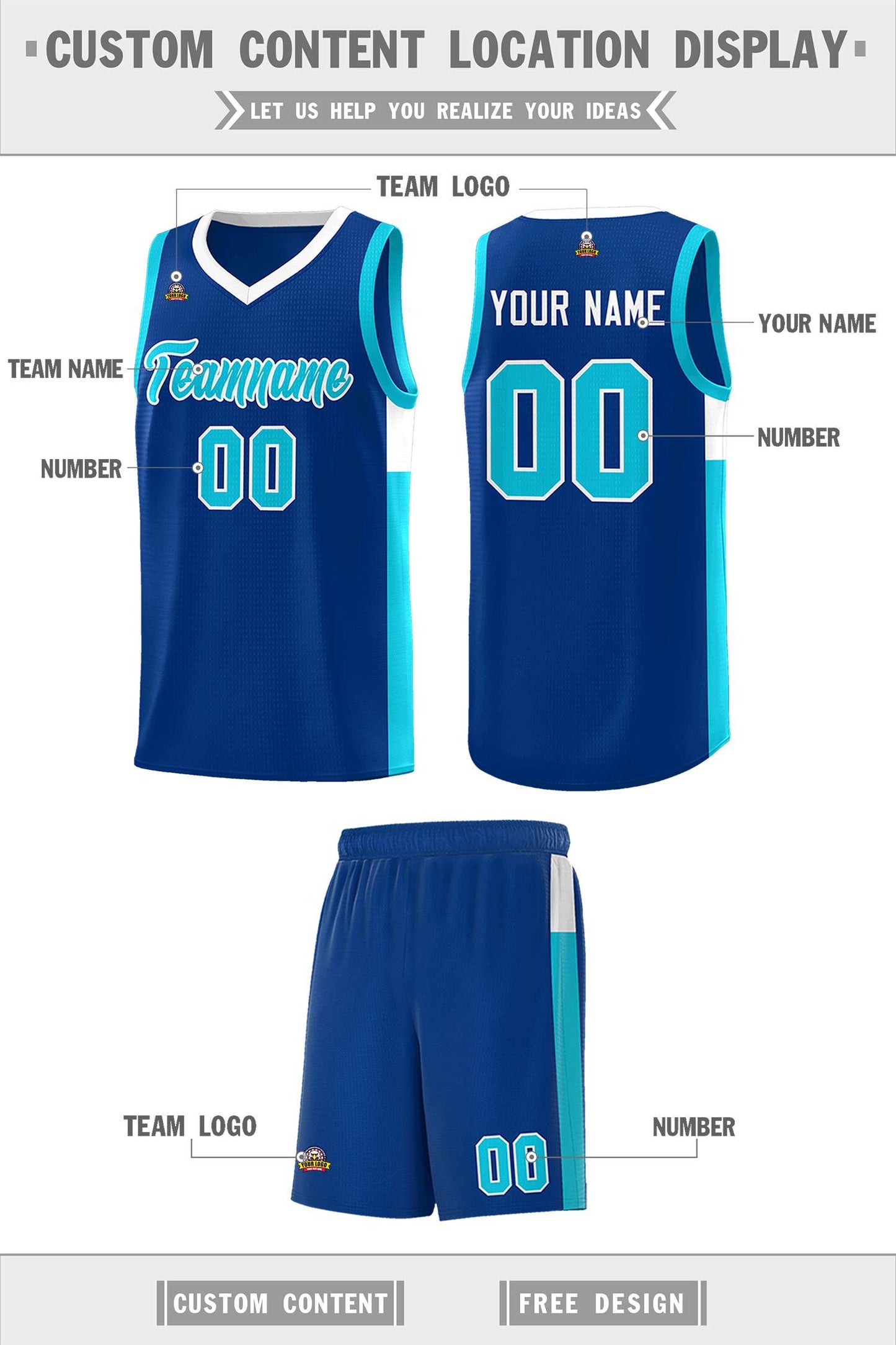 Custom Royal Light Blue-White Side Two-Tone Classic Sports Uniform Basketball Jersey