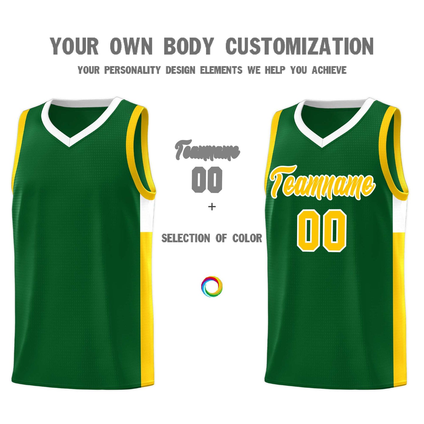 Custom Green Gold-White Side Two-Tone Classic Sports Uniform Basketball Jersey