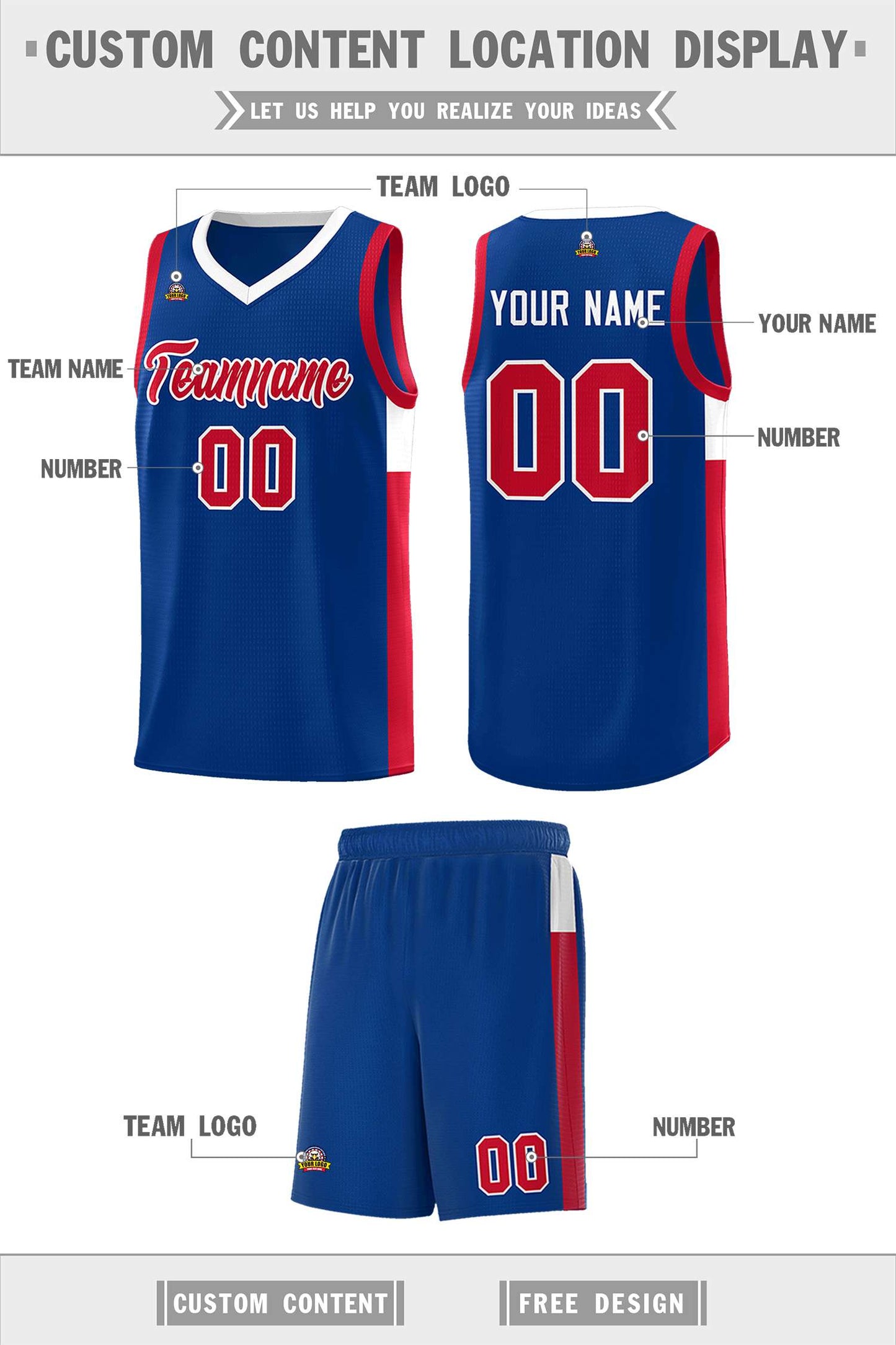 Custom Royal Red-White Side Two-Tone Classic Sports Uniform Basketball Jersey