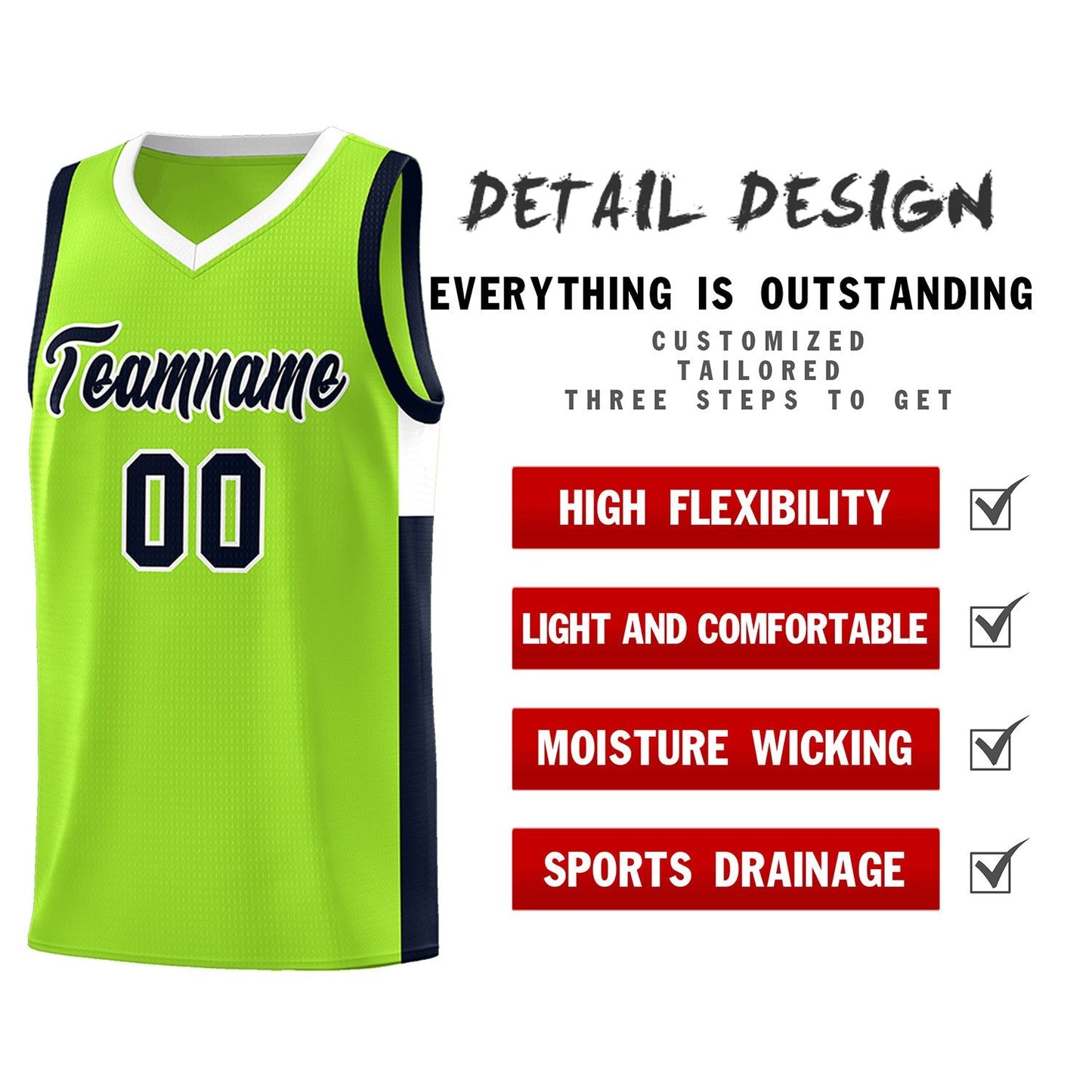 Custom Neon Green Navy-White Side Two-Tone Classic Sports Uniform Basketball Jersey