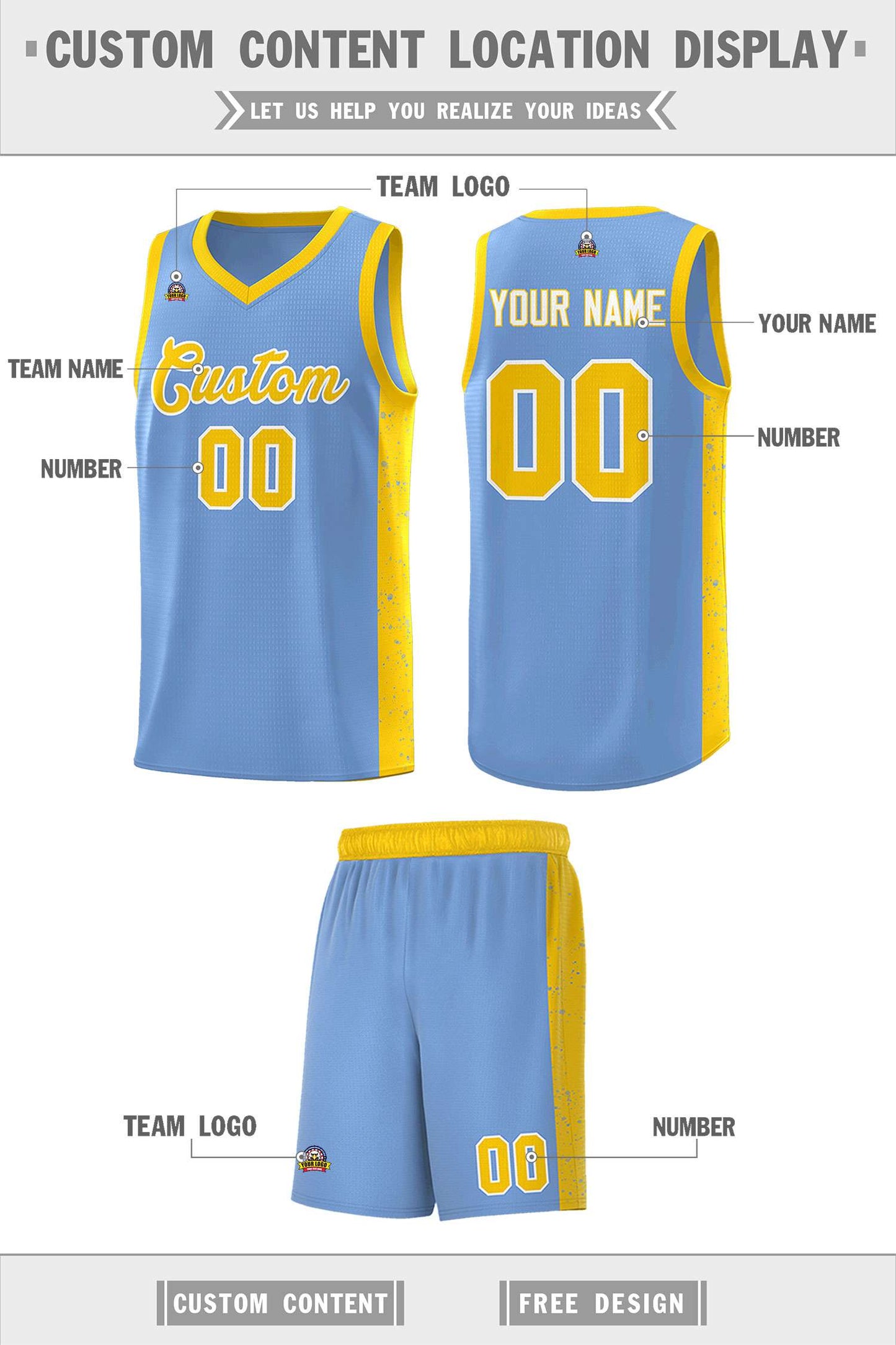 Custom Light Blue Gold-White Side Splash Sports Uniform Basketball Jersey