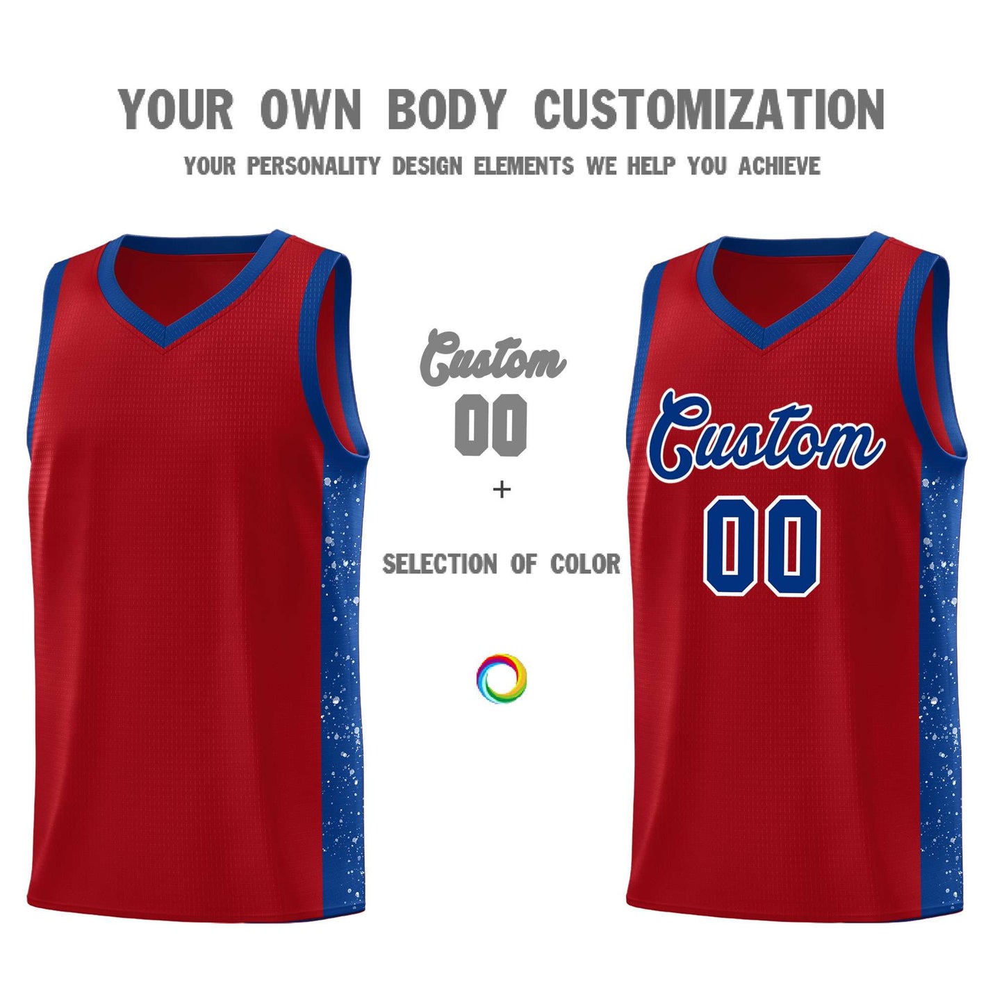 Custom Red Royal-White Side Splash Sports Uniform Basketball Jersey