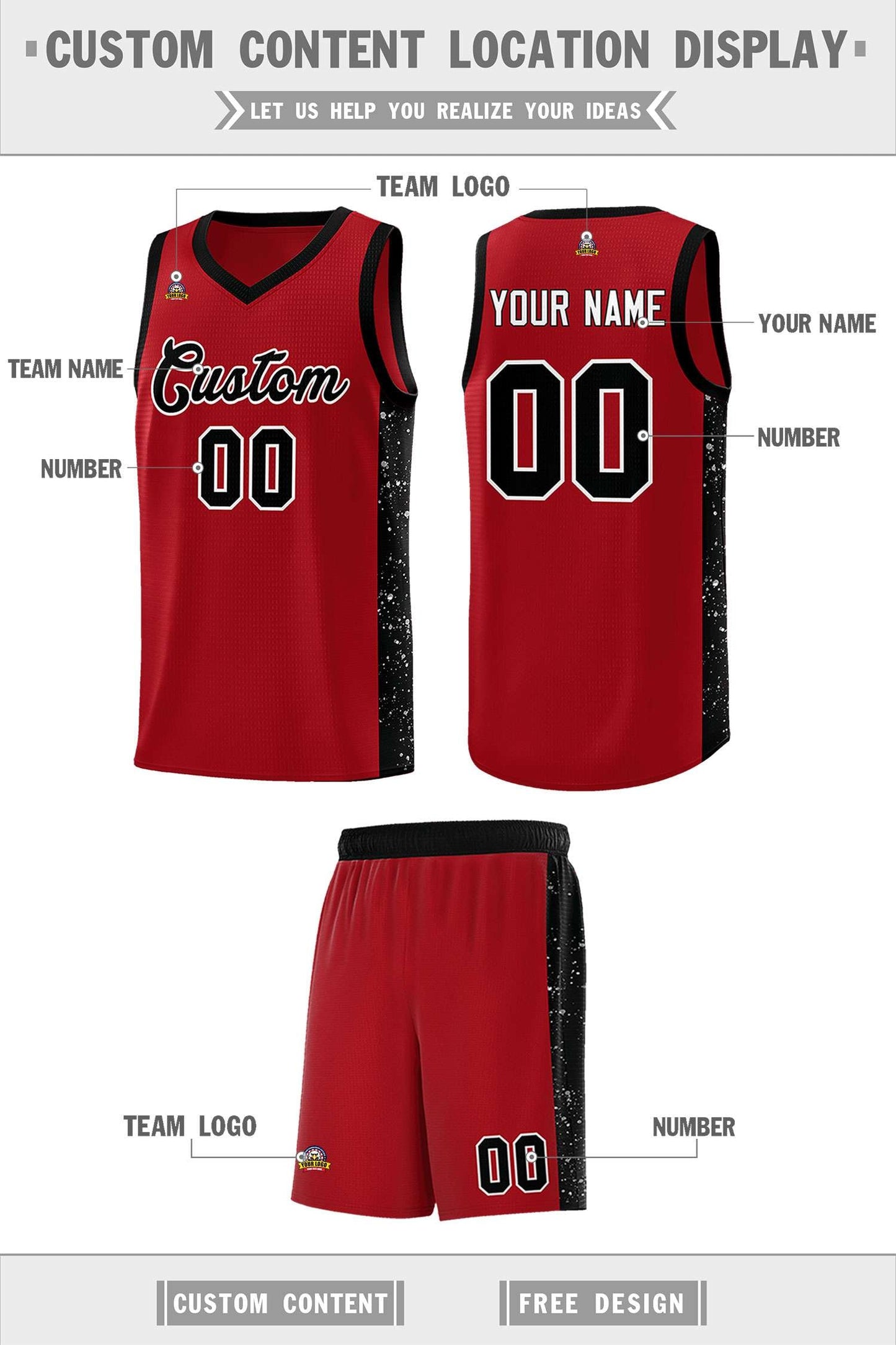 Custom Red Black-White Side Splash Sports Uniform Basketball Jersey