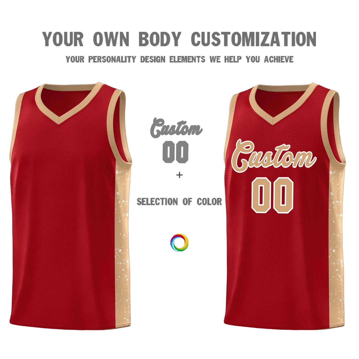 Custom Red Old Gold-White Side Splash Sports Uniform Basketball Jersey