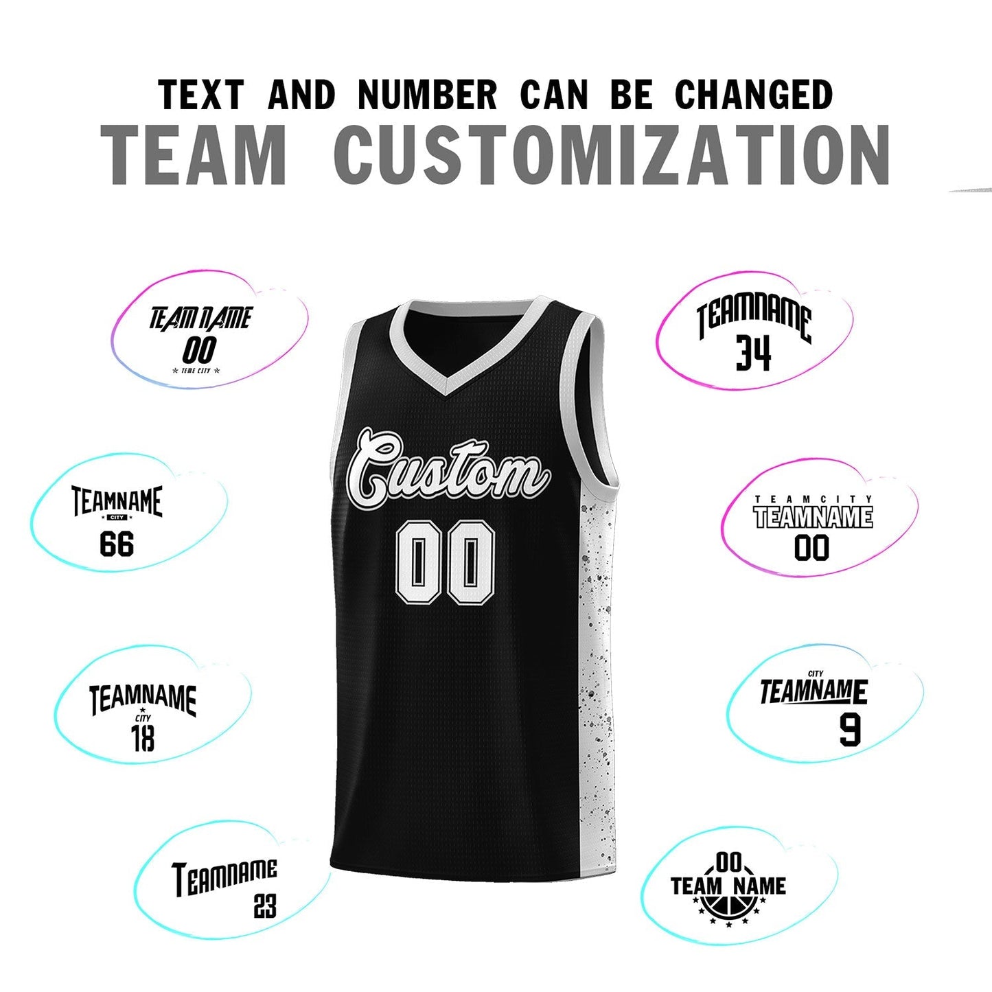 Custom Black White Side Splash Sports Uniform Basketball Jersey