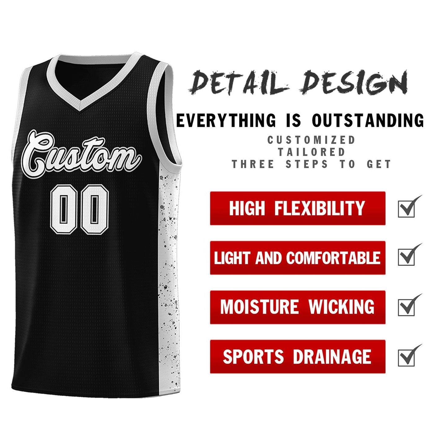 Custom Black White Side Splash Sports Uniform Basketball Jersey